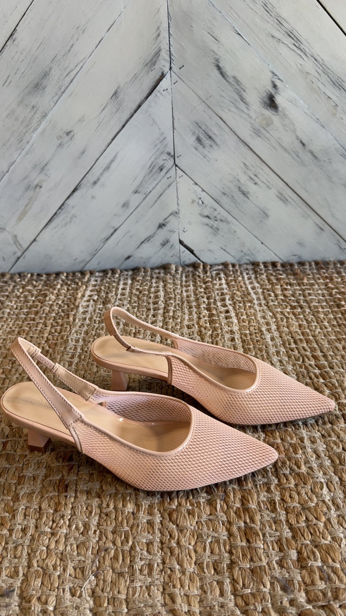 Nude Pointed-Toe Mesh Slingback Kitten Heels