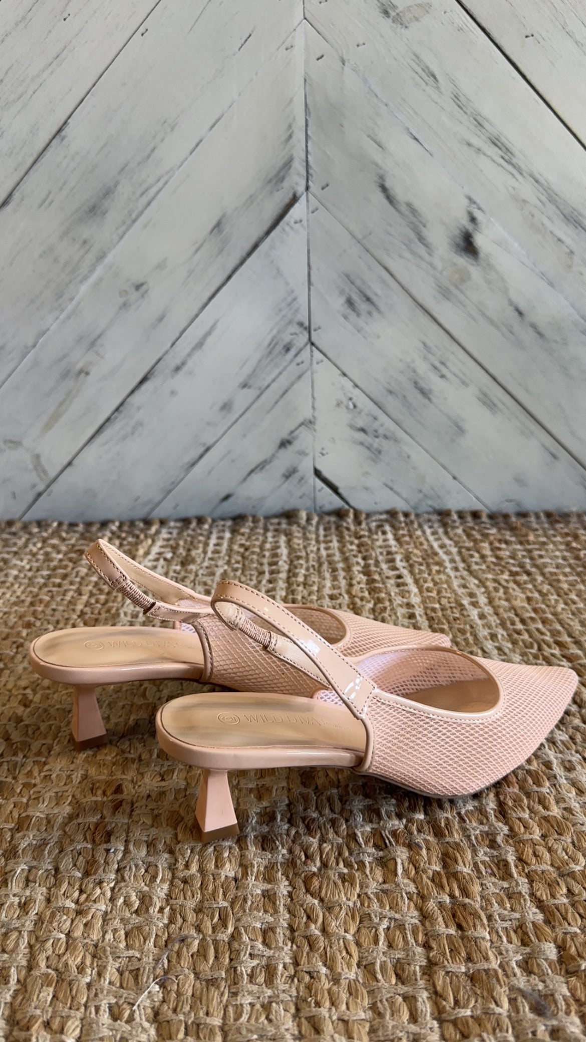 Nude Pointed-Toe Mesh Slingback Kitten Heels
