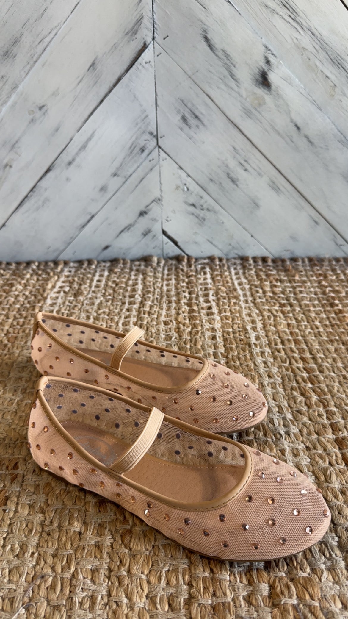 Beige Rhinestone Embellished Mesh Flats