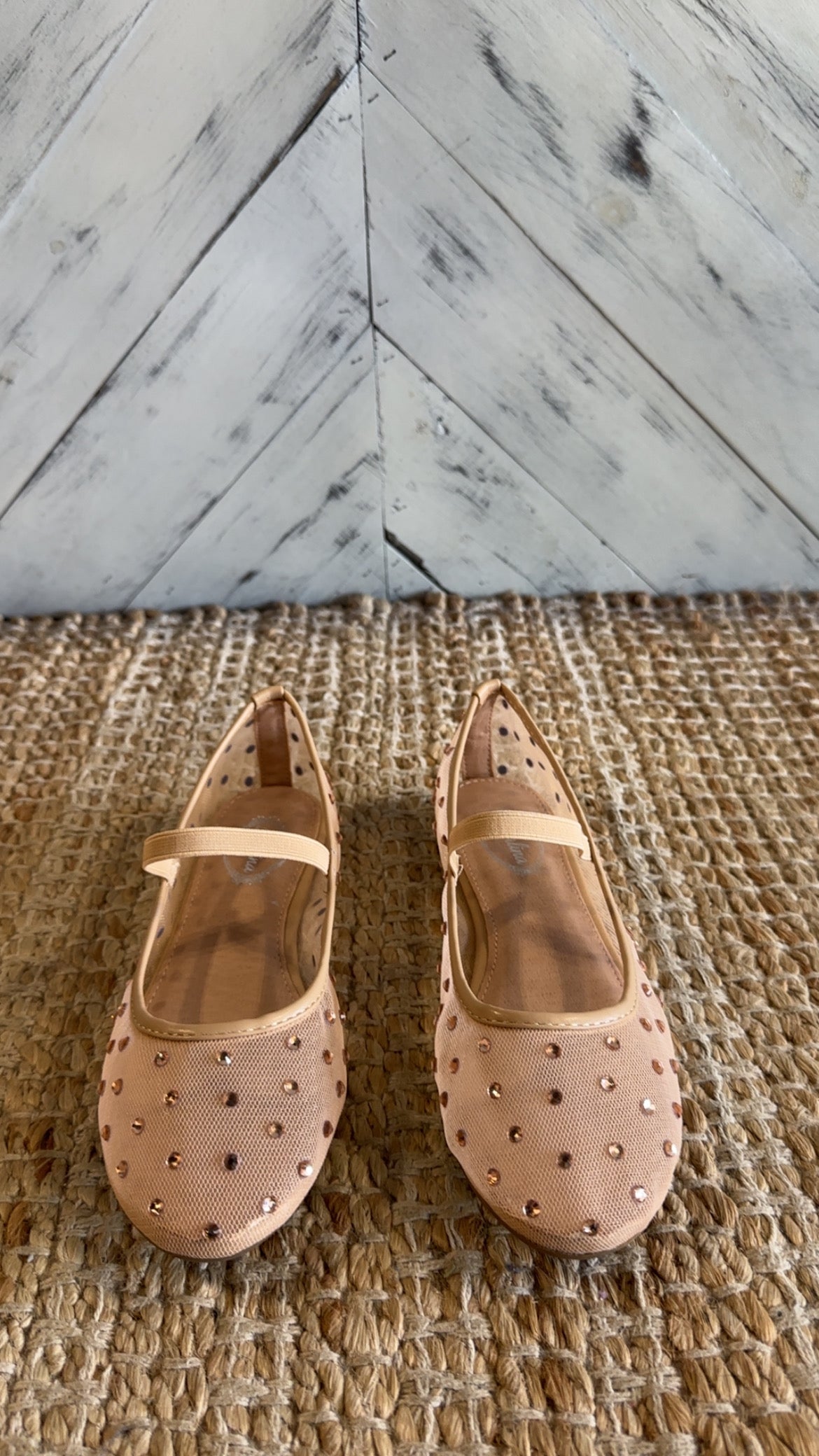Beige Rhinestone Embellished Mesh Flats