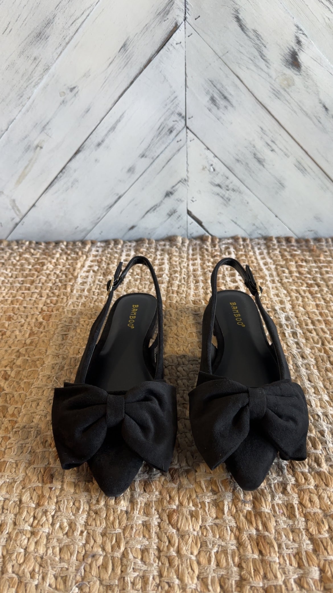 Black Bow Pointed-Toe Slingback Flats