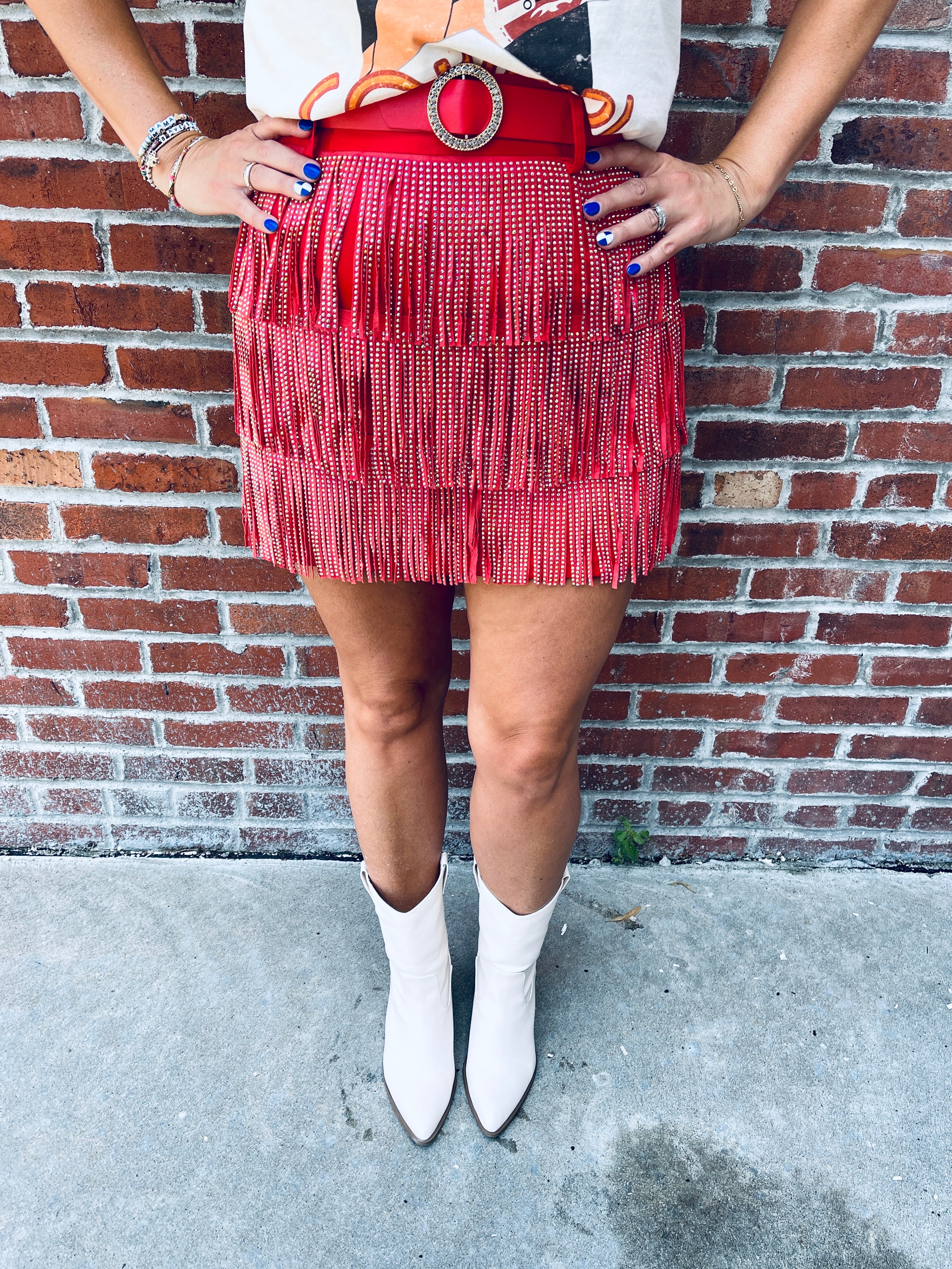Red Studded Fringe Skirt
