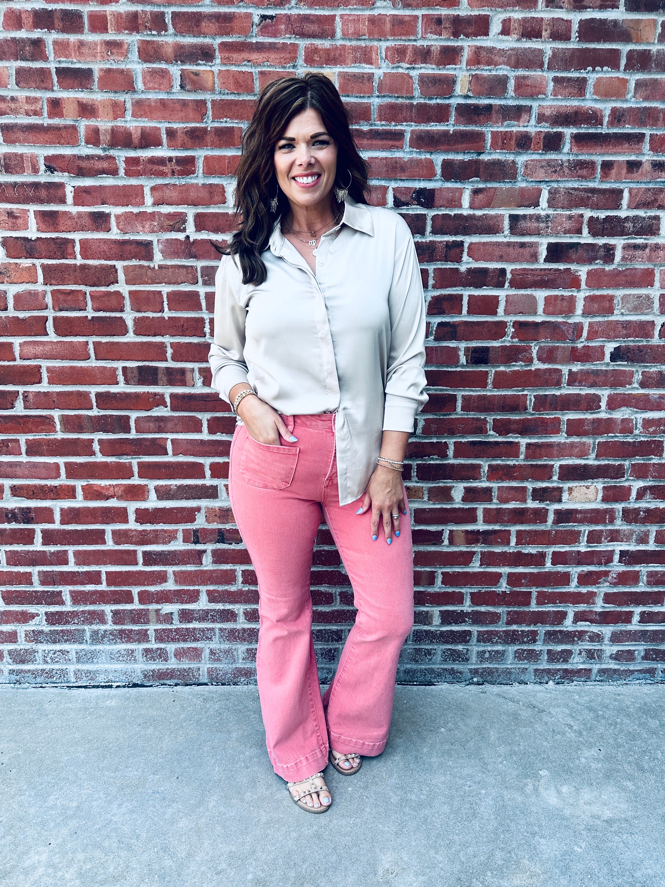 Beige Satin Button Top
