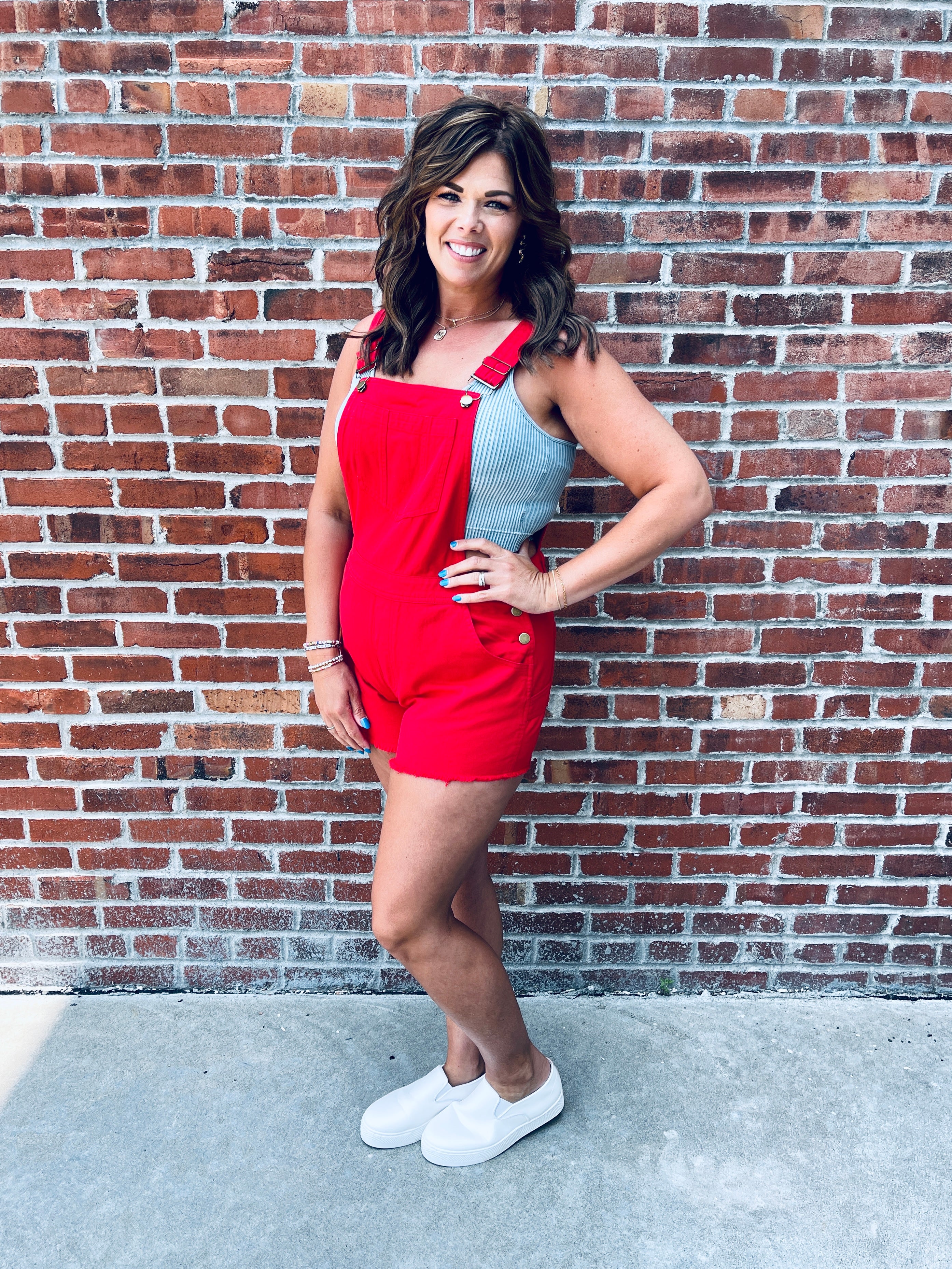 Red Denim Shorts Overalls
