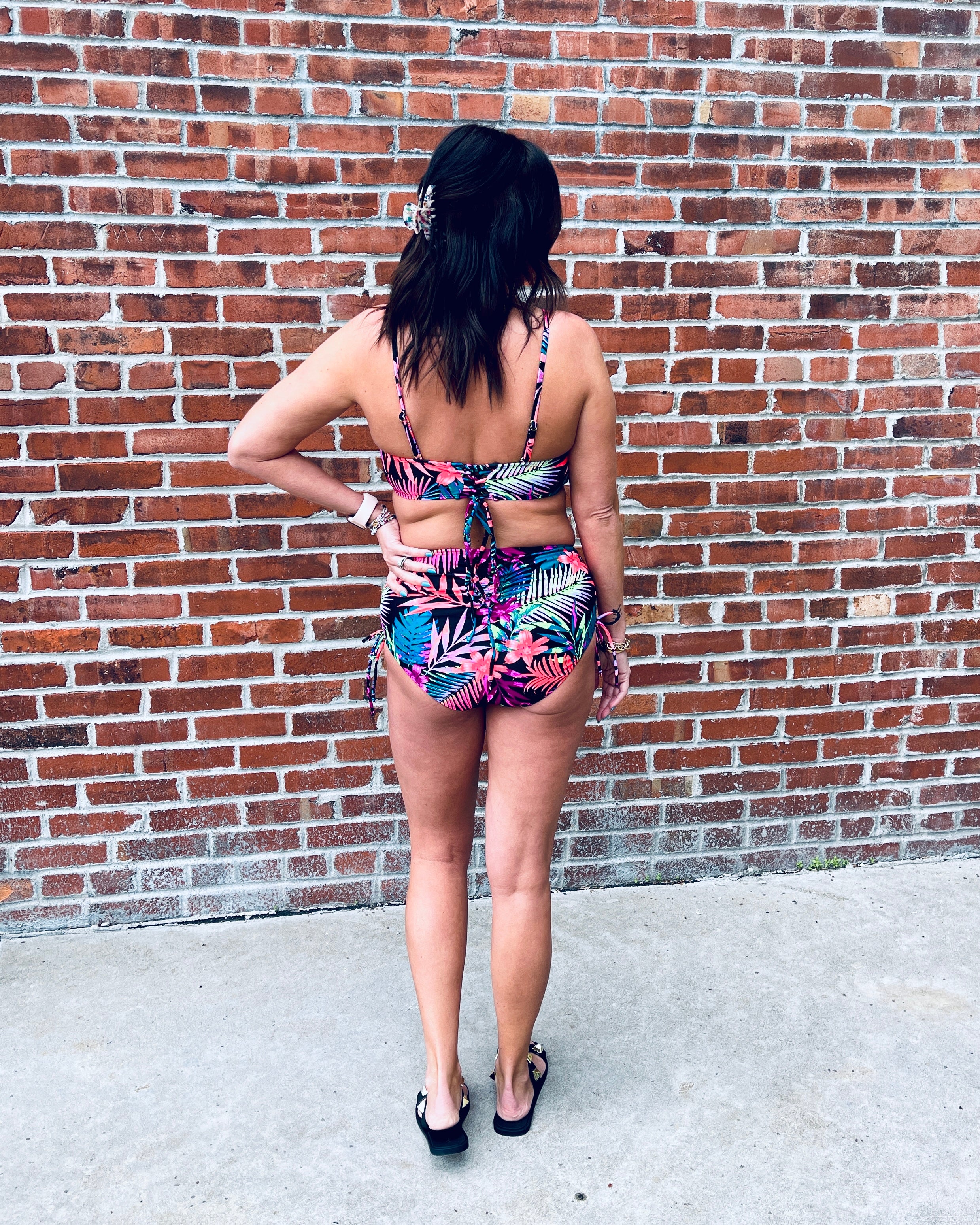 Black Tropical Cinch Bikini Top