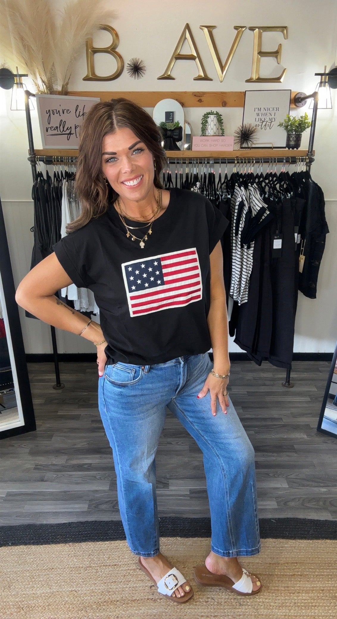 Black Cap Sleeve American Flag Tee