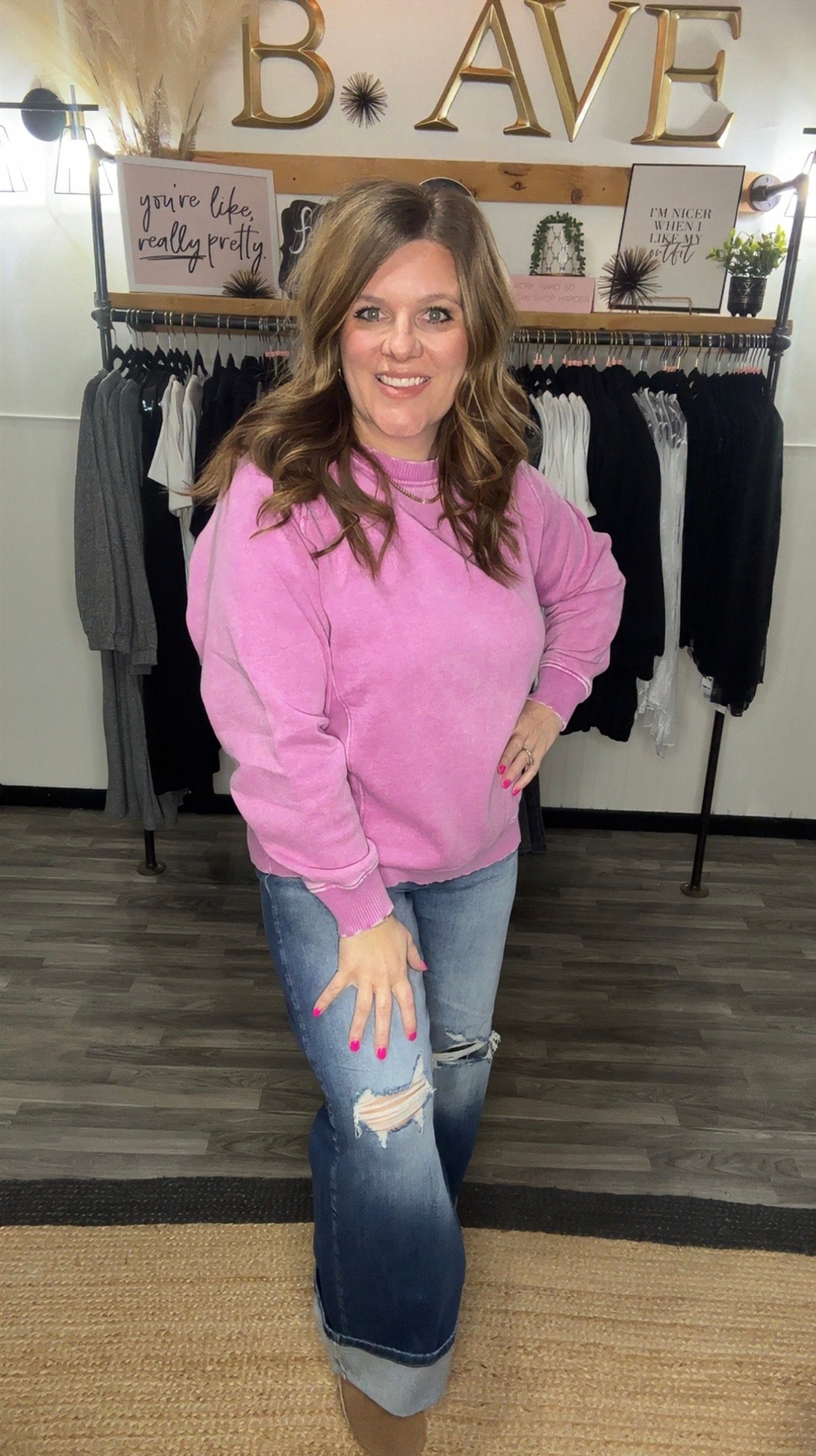 Mauve Acid Wash Side Rib Fleece Sweatshirt