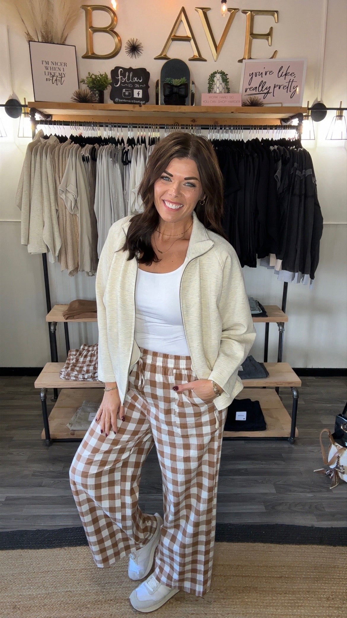 Camel Gingham Tie Waist Pants