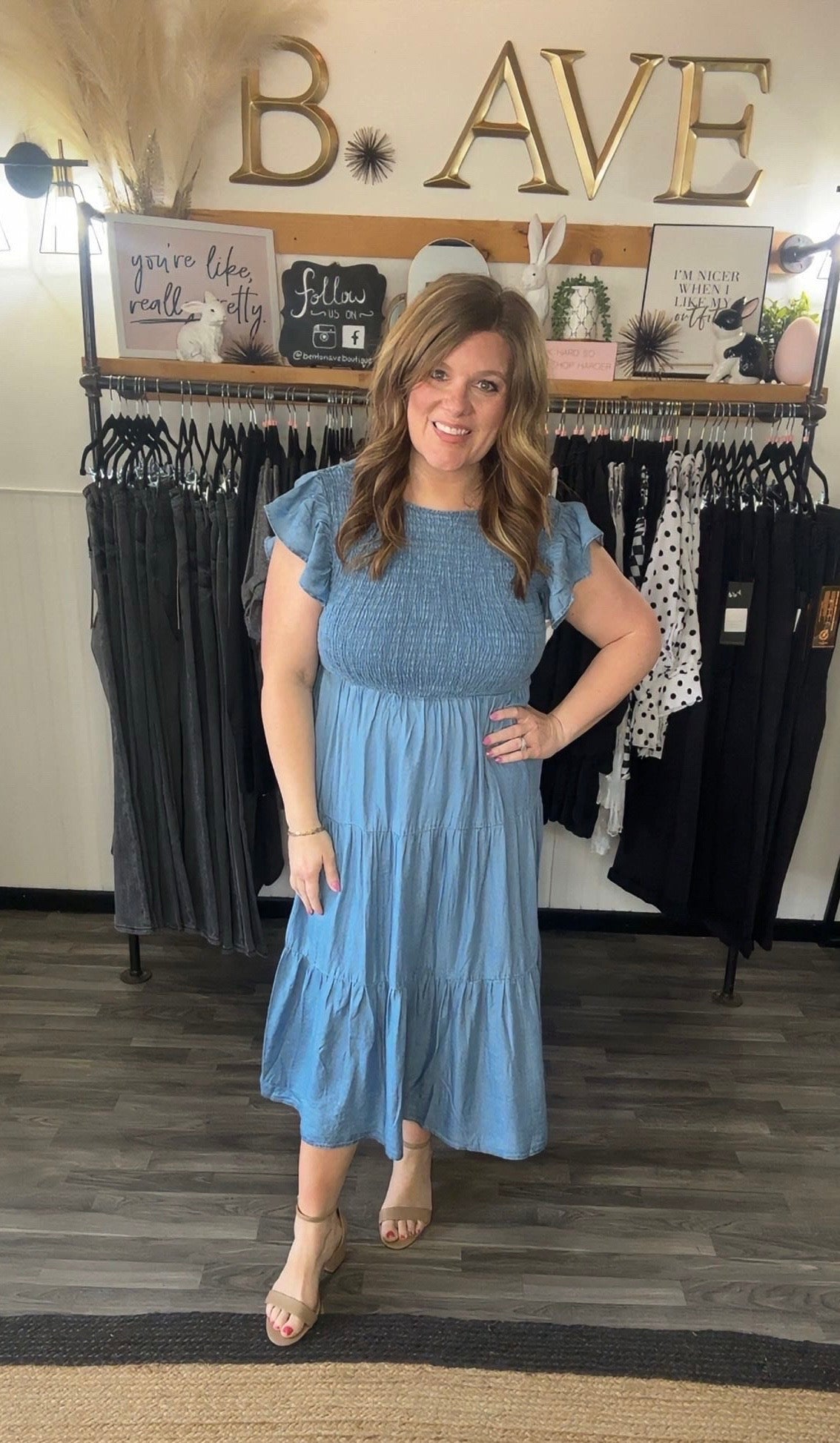 Chambray Smocked Tiered Midi Dress