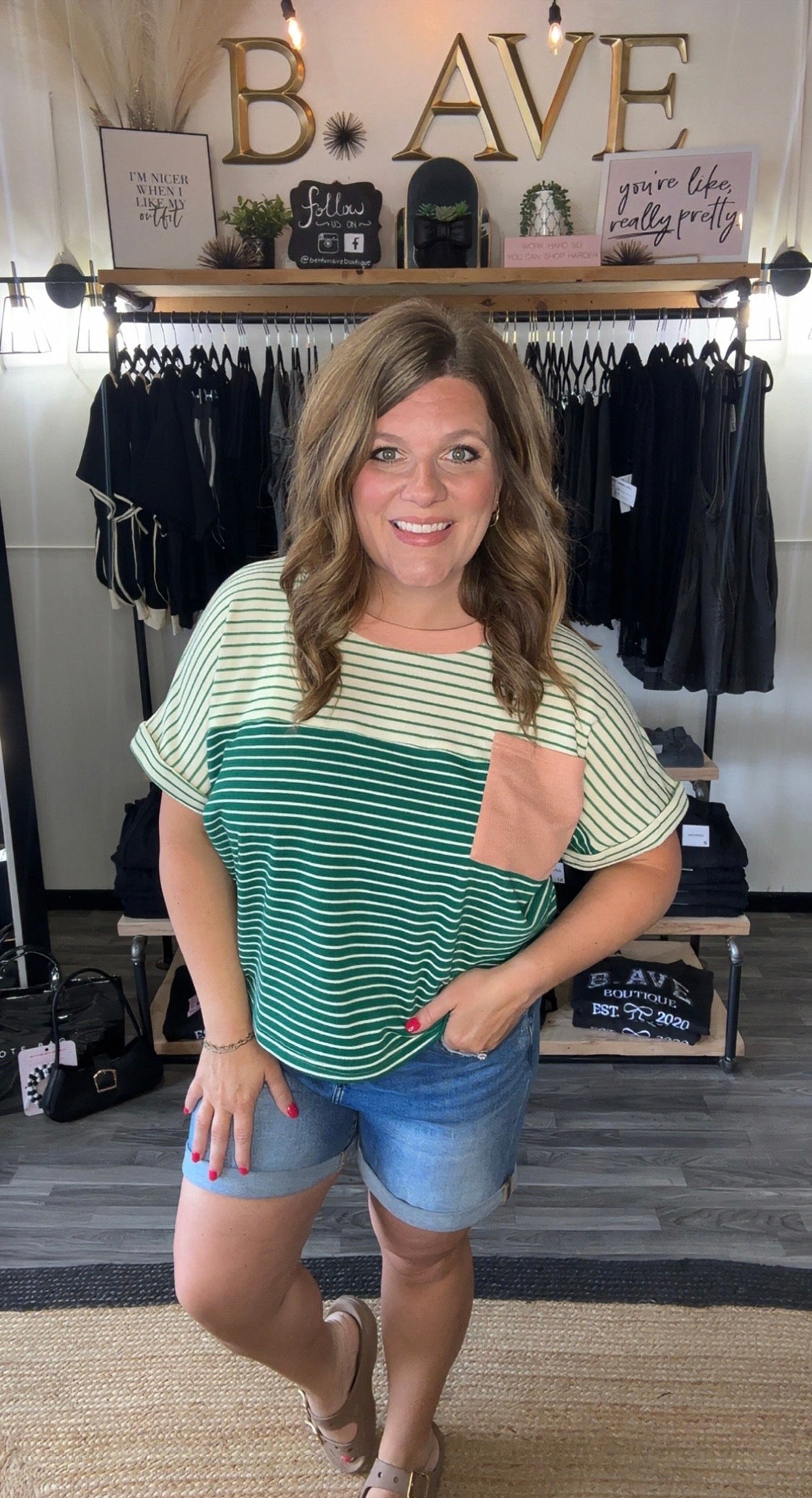 Peacock Green Color Block Striped Terry Top
