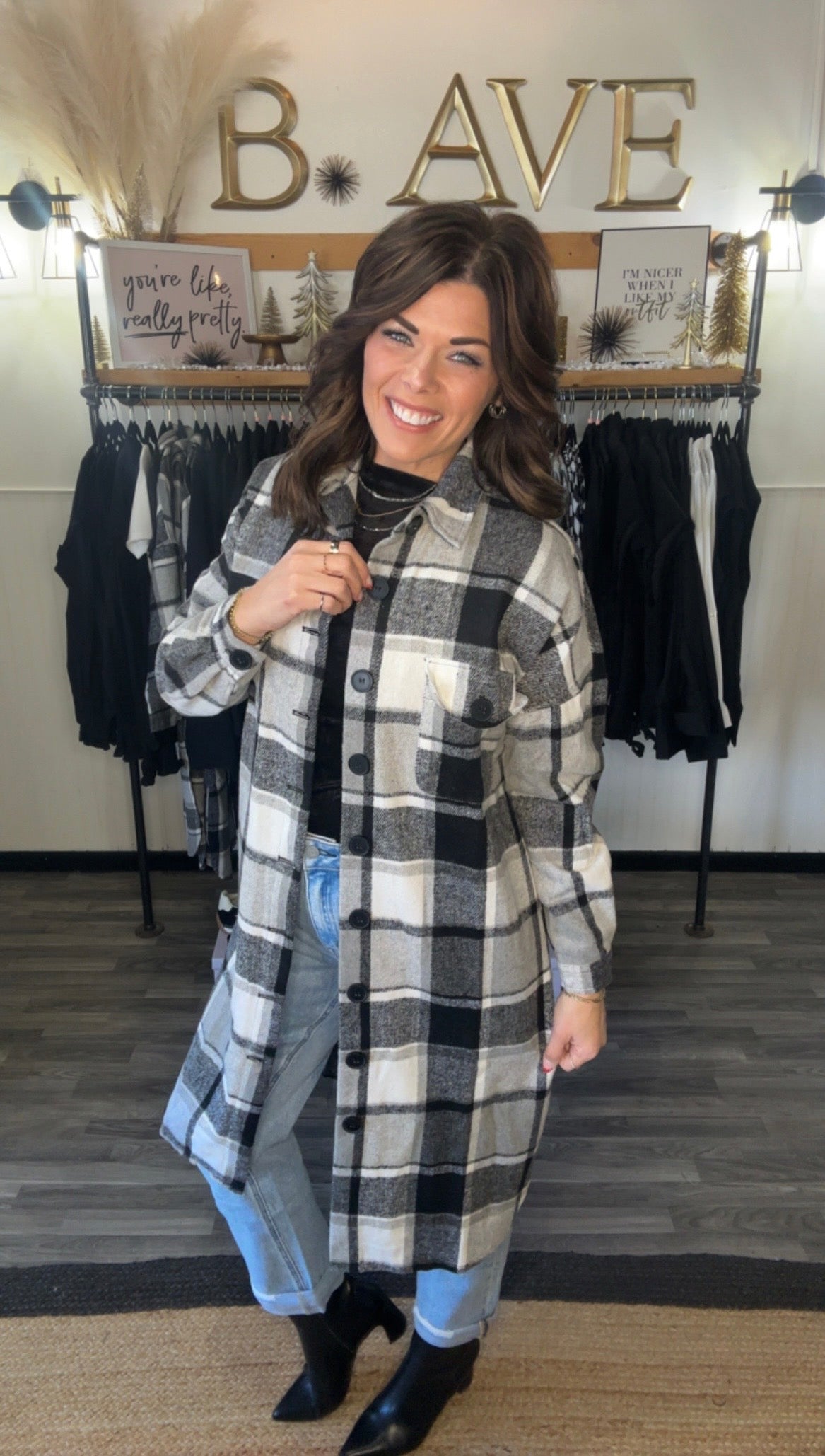 Long Gray Plaid Shacket