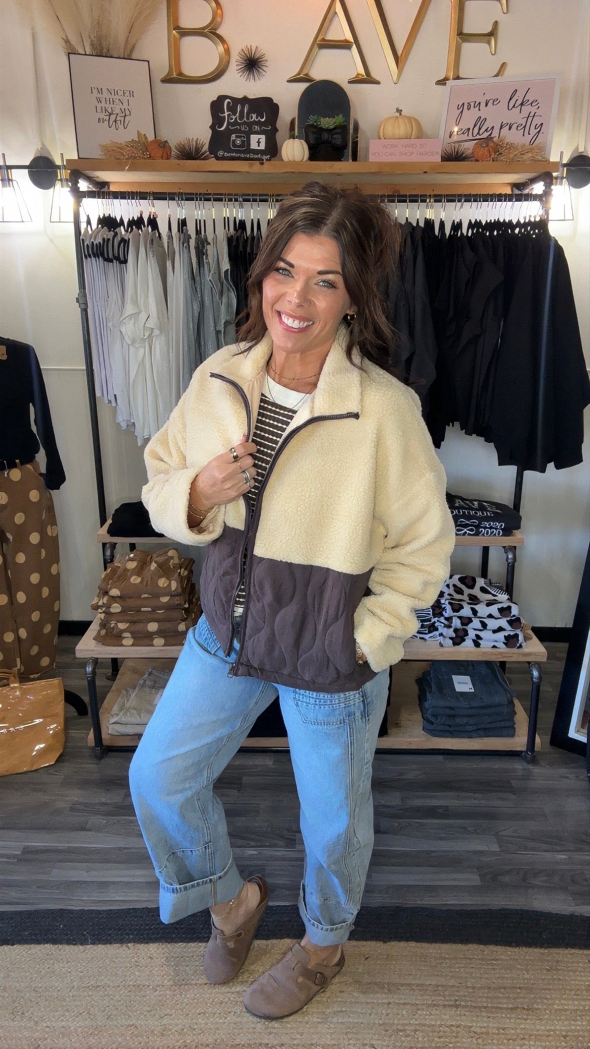 Ivory & Dark Brown Sherpa Zip Jacket