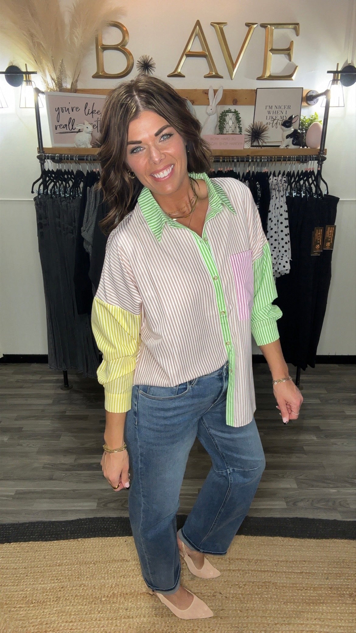 Blush Pink, Green & Yellow Color Block Stripe Shirt