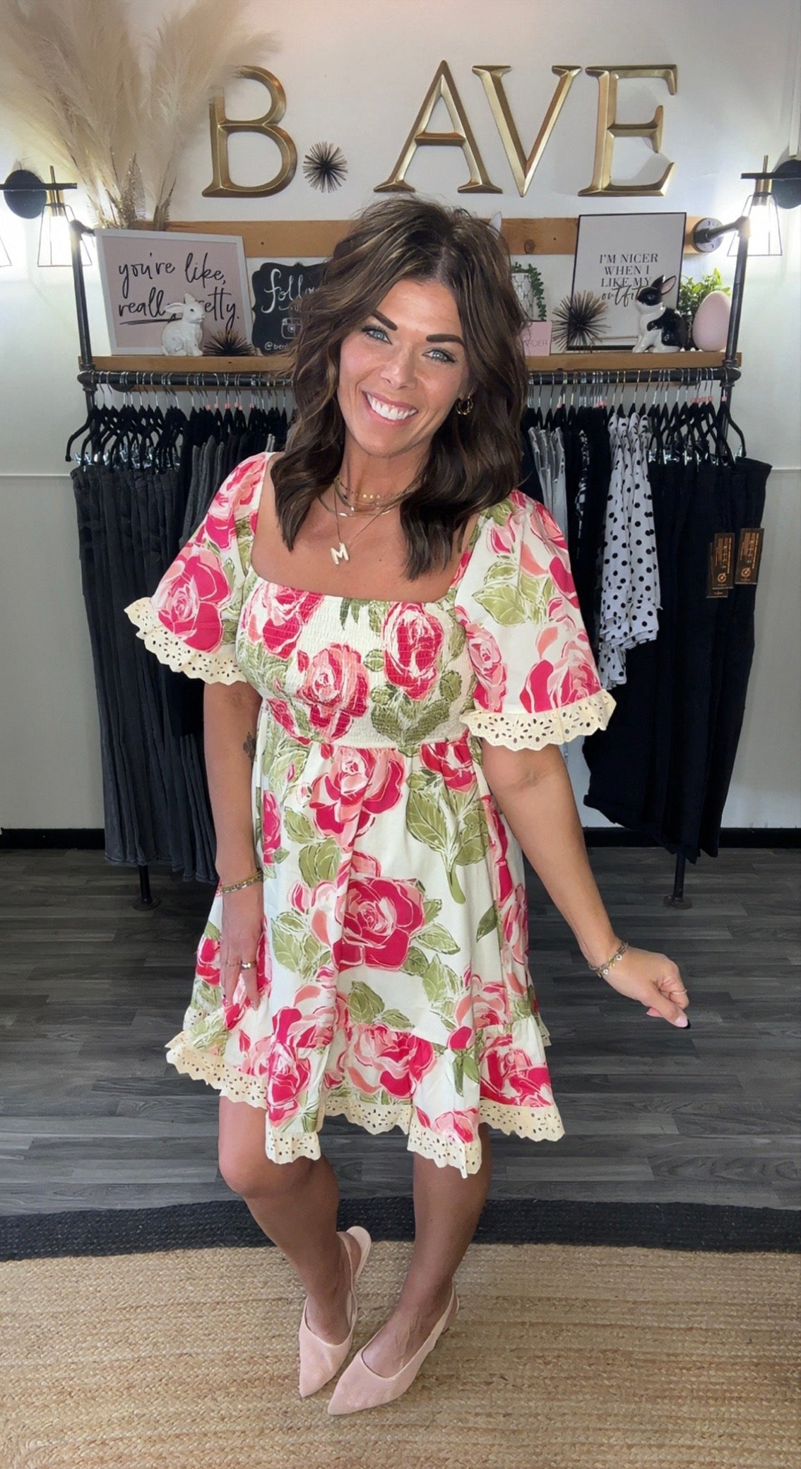 Bright Pink Floral Print Smocked & Eyelet Ruffle Dress