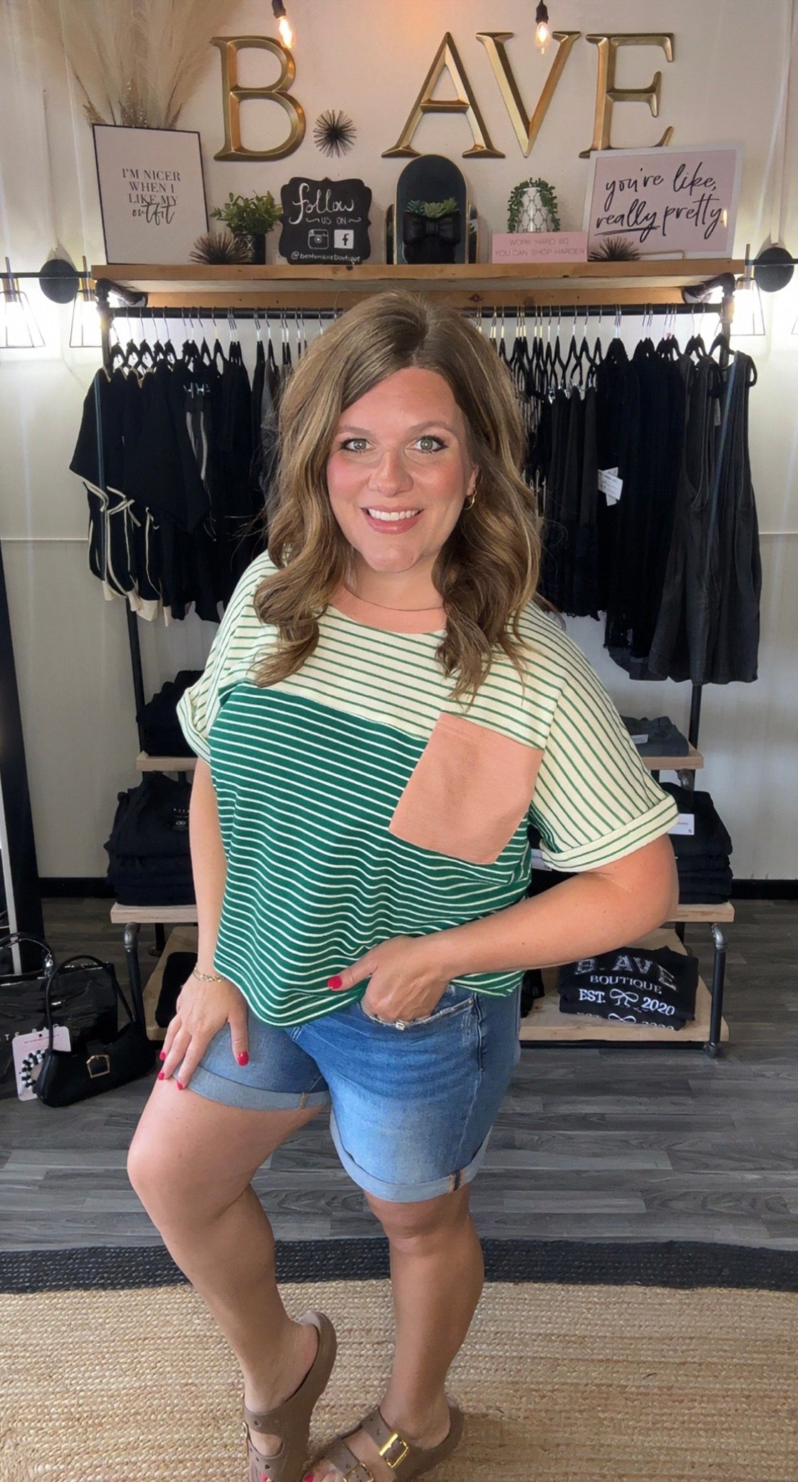 Peacock Green Color Block Striped Terry Top