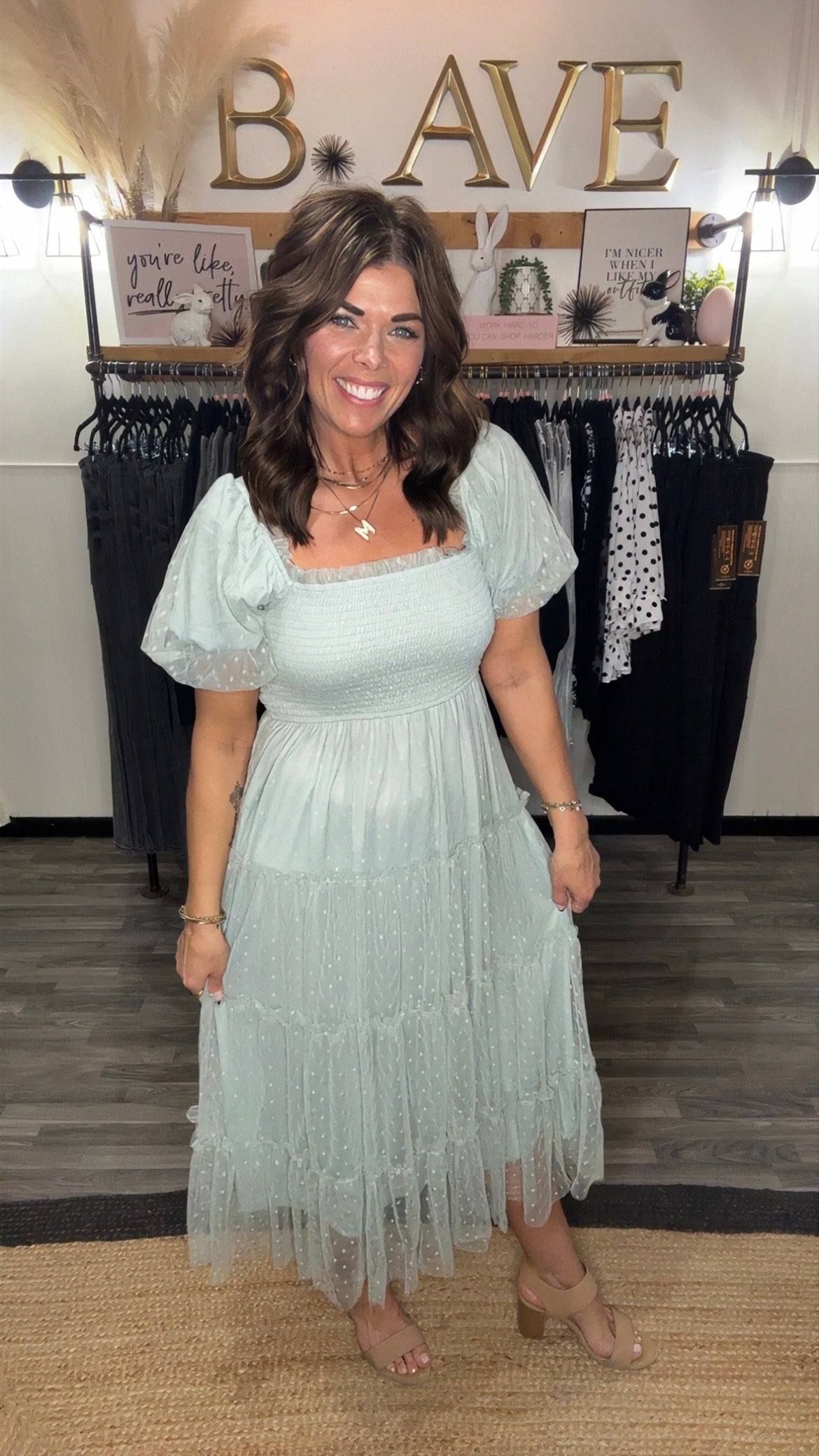 Sage Polka Dot Tulle Smocked Tiered Dress