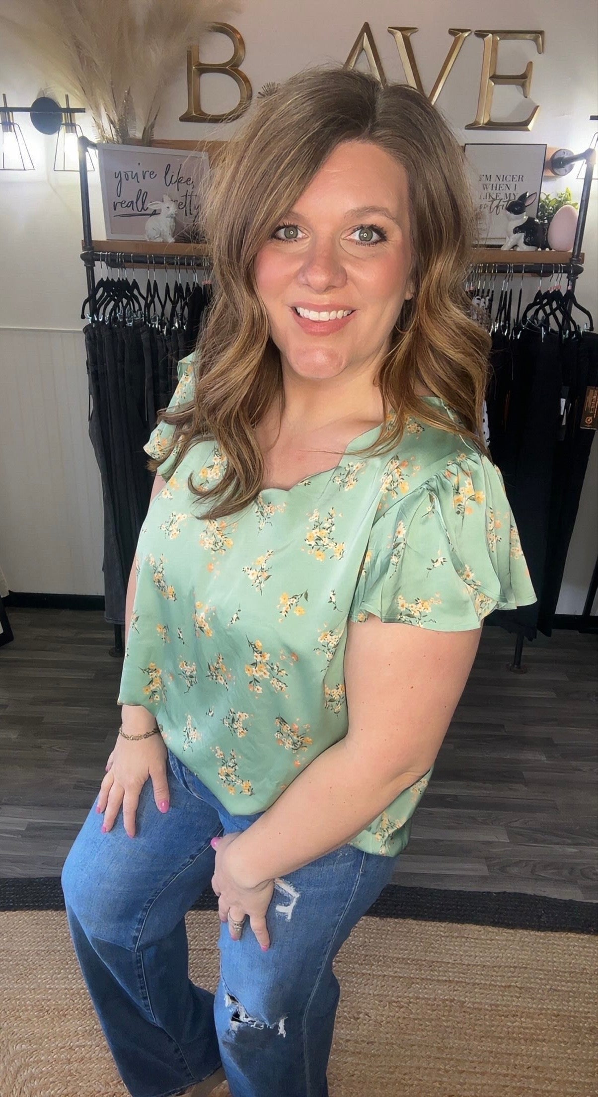 Floral Scallop Neck Satin Blouse