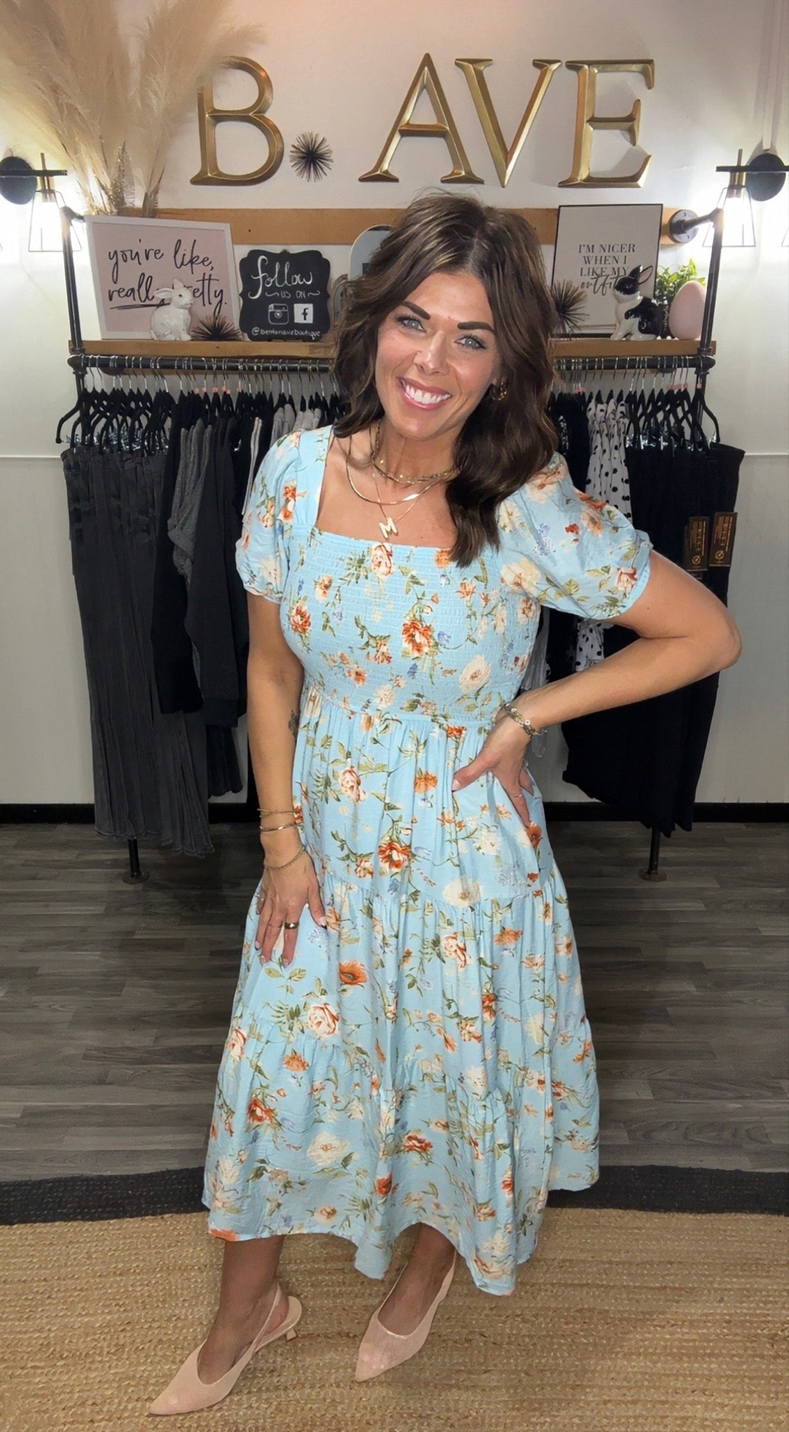 Powder Blue Floral Smocked Dress