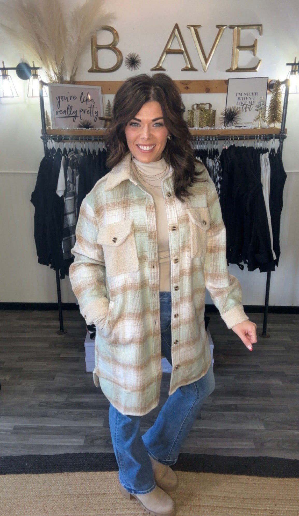 Cream & Mint Plaid Long Soft Flannel Shacket