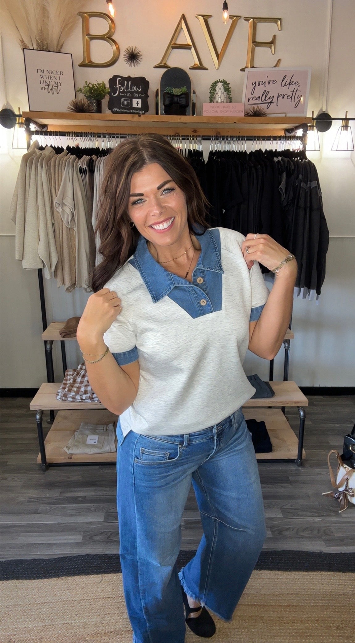 Light Grey & Denim Short Sleeve Top