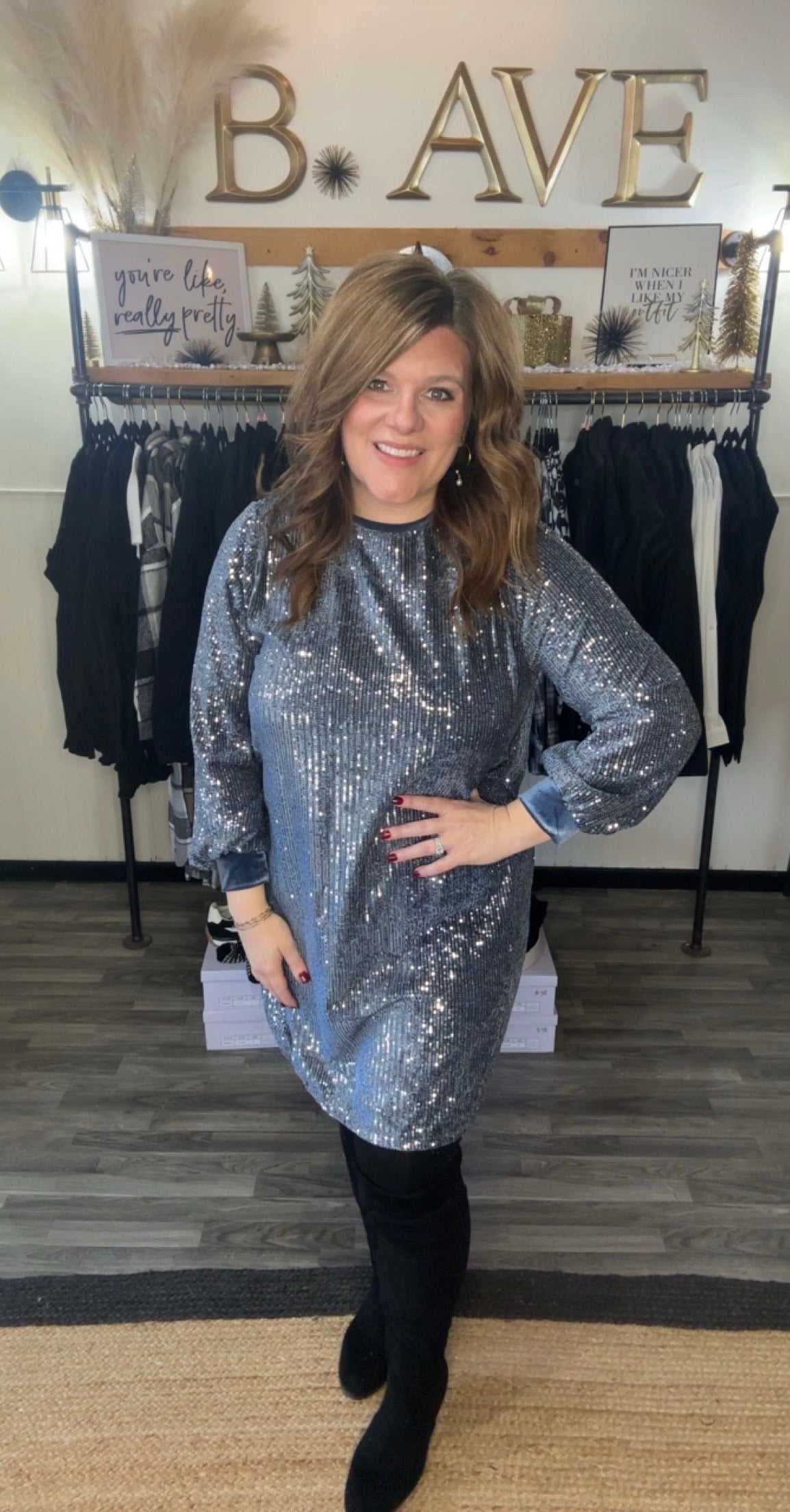 Blue Grey Sequin Velvet Dress