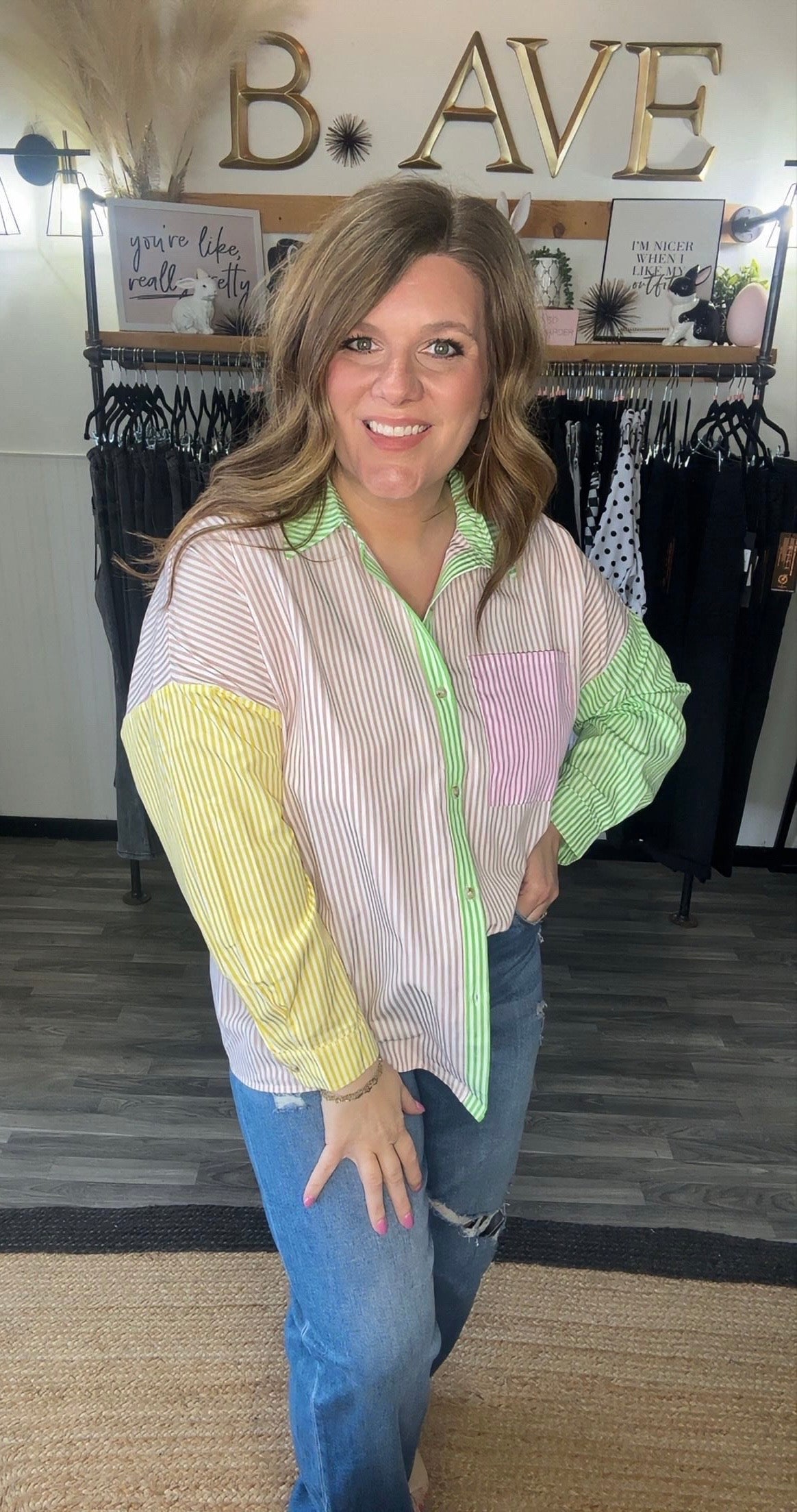 Blush Pink, Green & Yellow Color Block Stripe Shirt