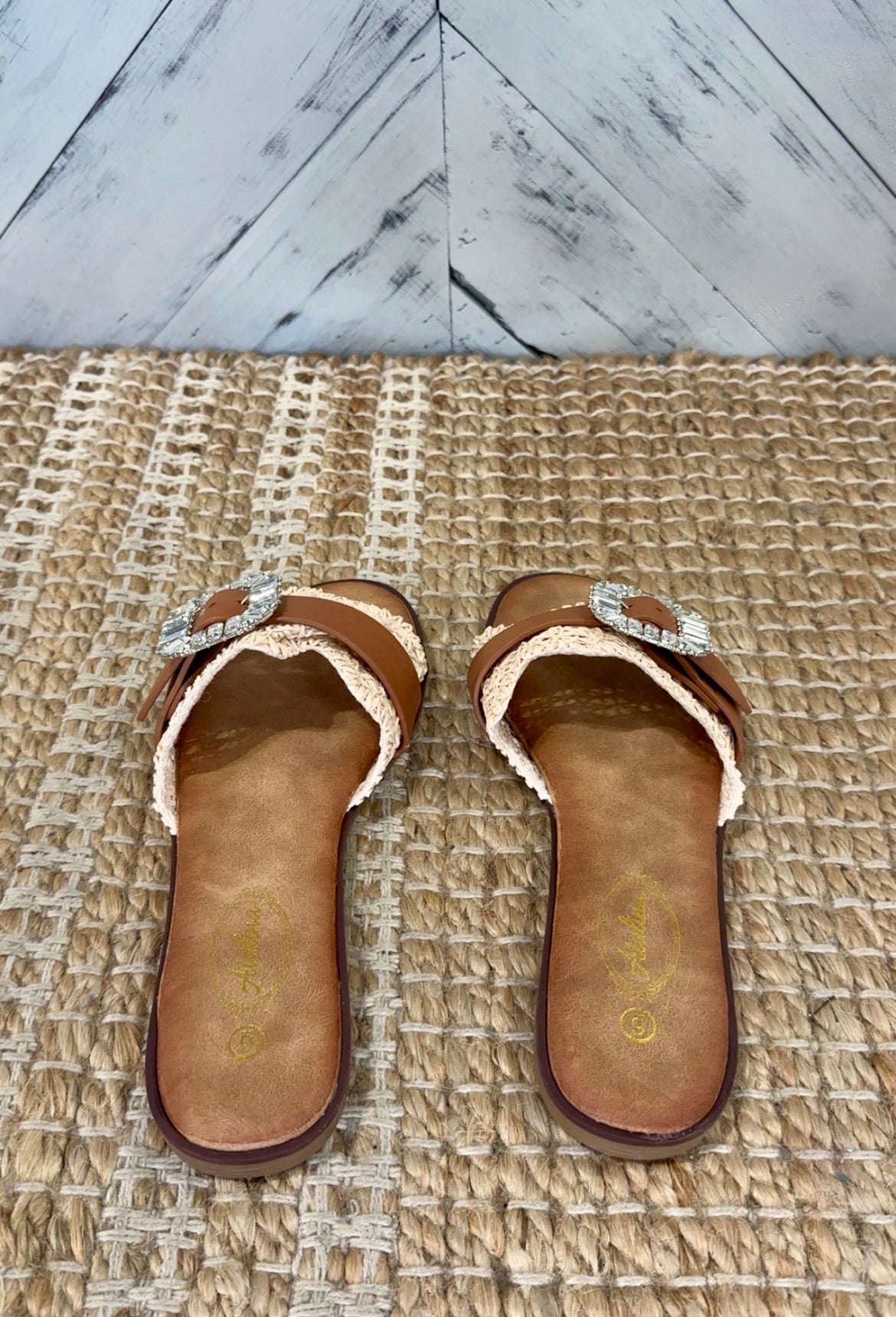Natural Woven Slide Sandal with Crystal Buckle