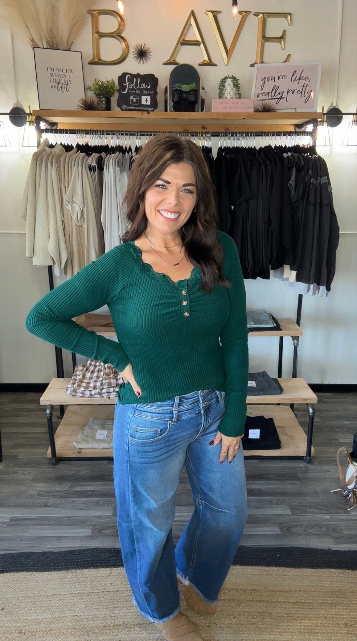 Soft Ribbed Long Sleeve Lace Trim Top