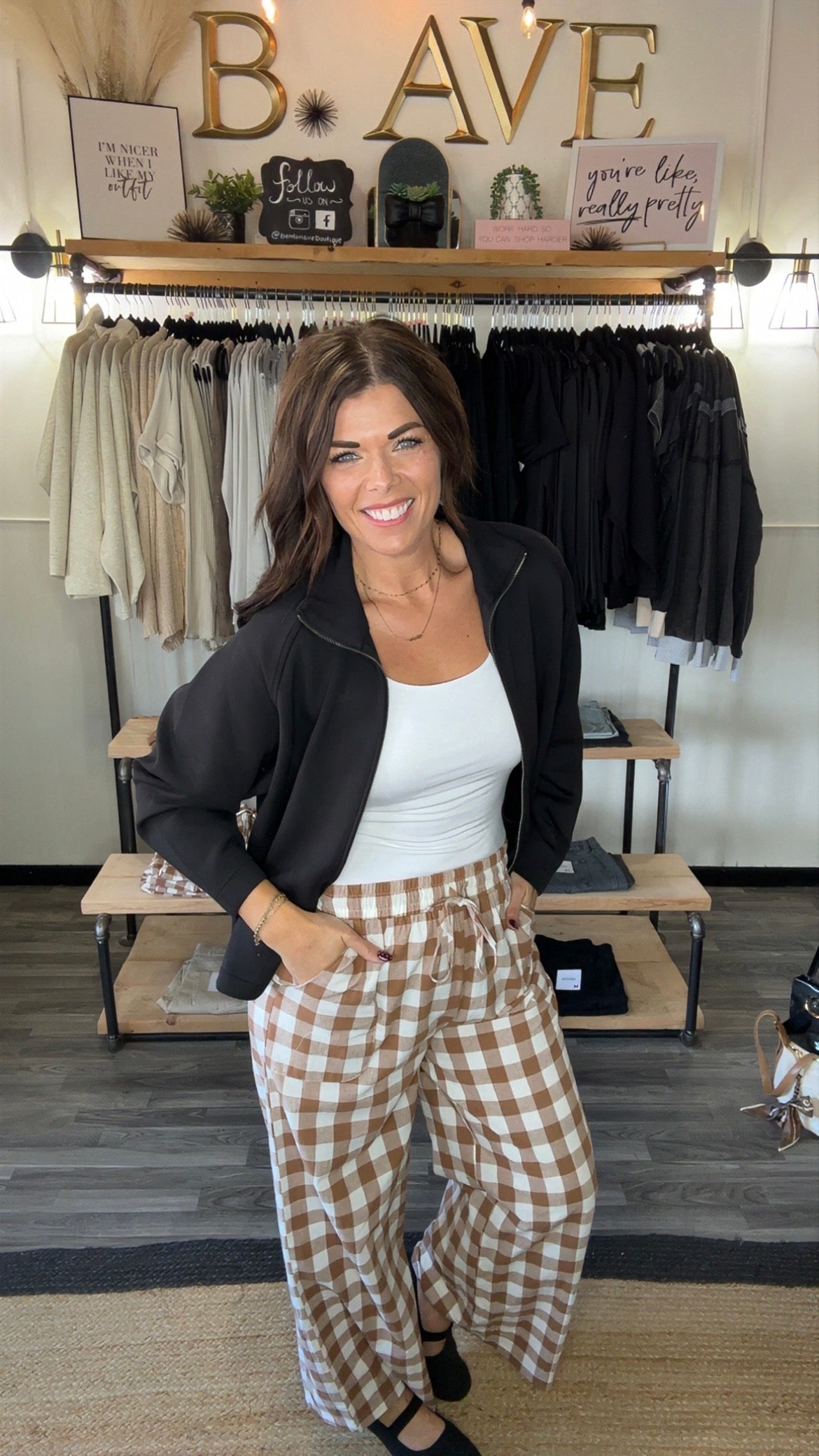 Camel Gingham Tie Waist Pants