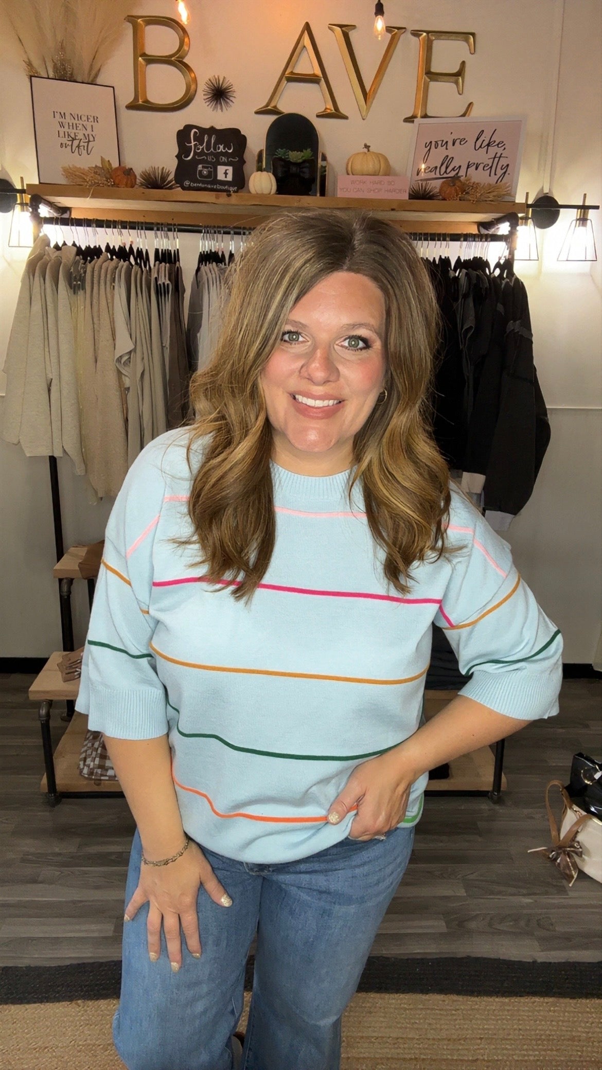Light Blue Multi-Stripe Short Sleeve Sweater
