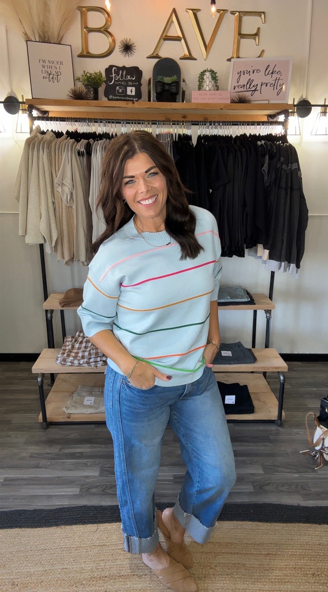 Light Blue Multi-Stripe Short Sleeve Sweater