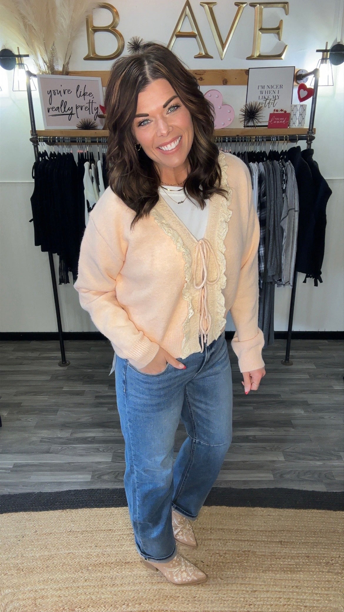 Vintage Pink Tie Front Ruffled Trim Cardigan