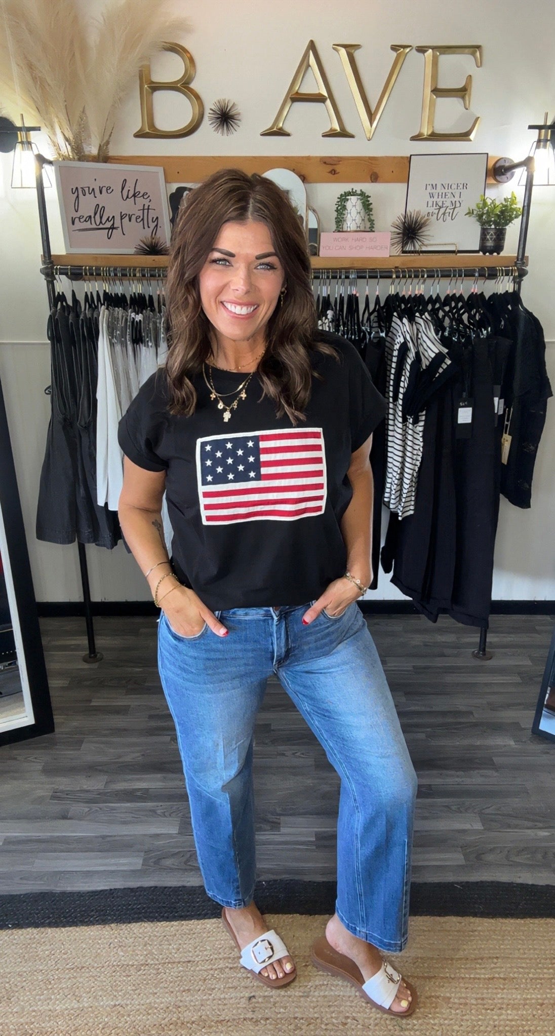 Black Cap Sleeve American Flag Tee