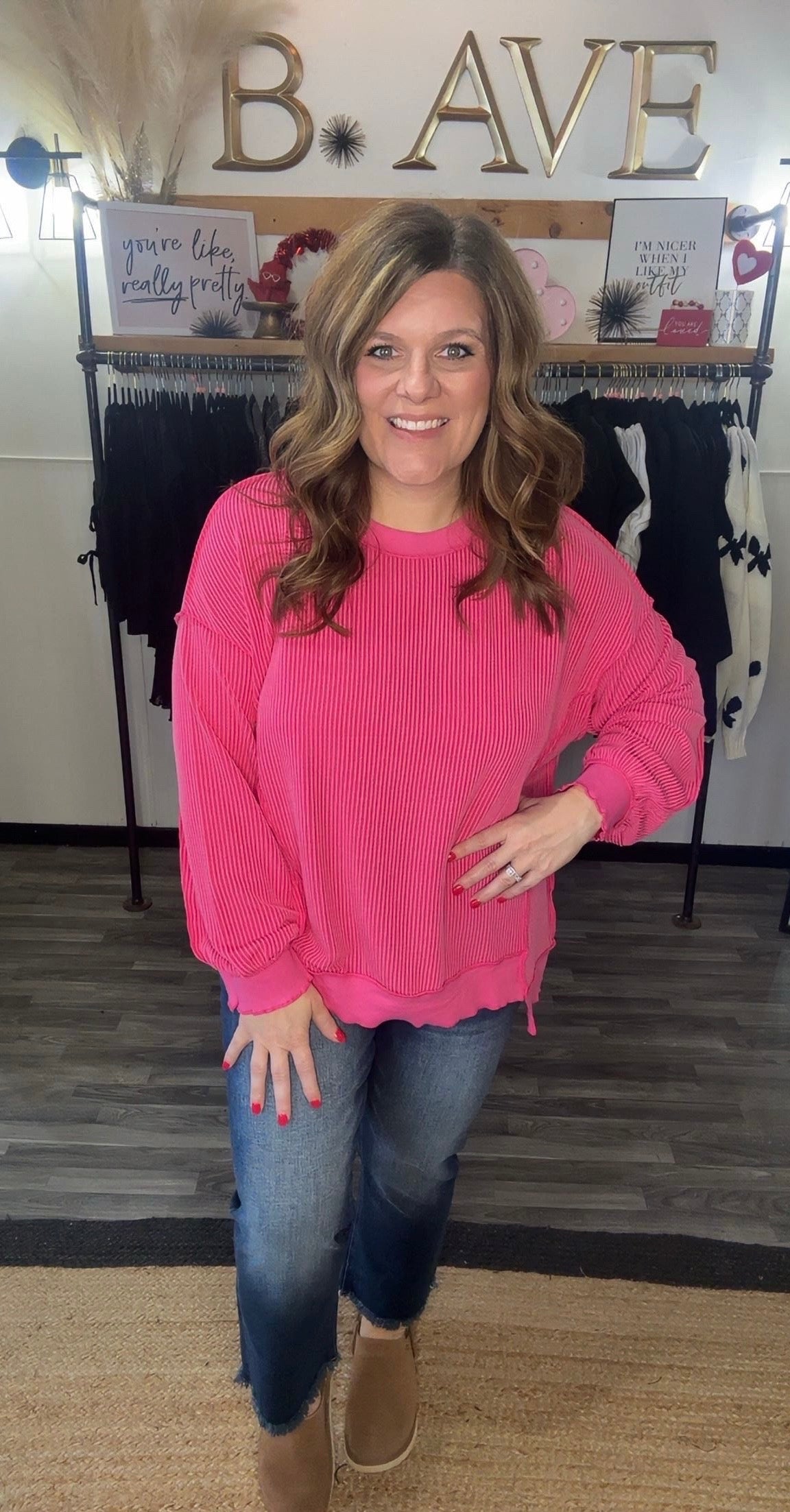 Hot Pink Ribbed Loose Knit Top