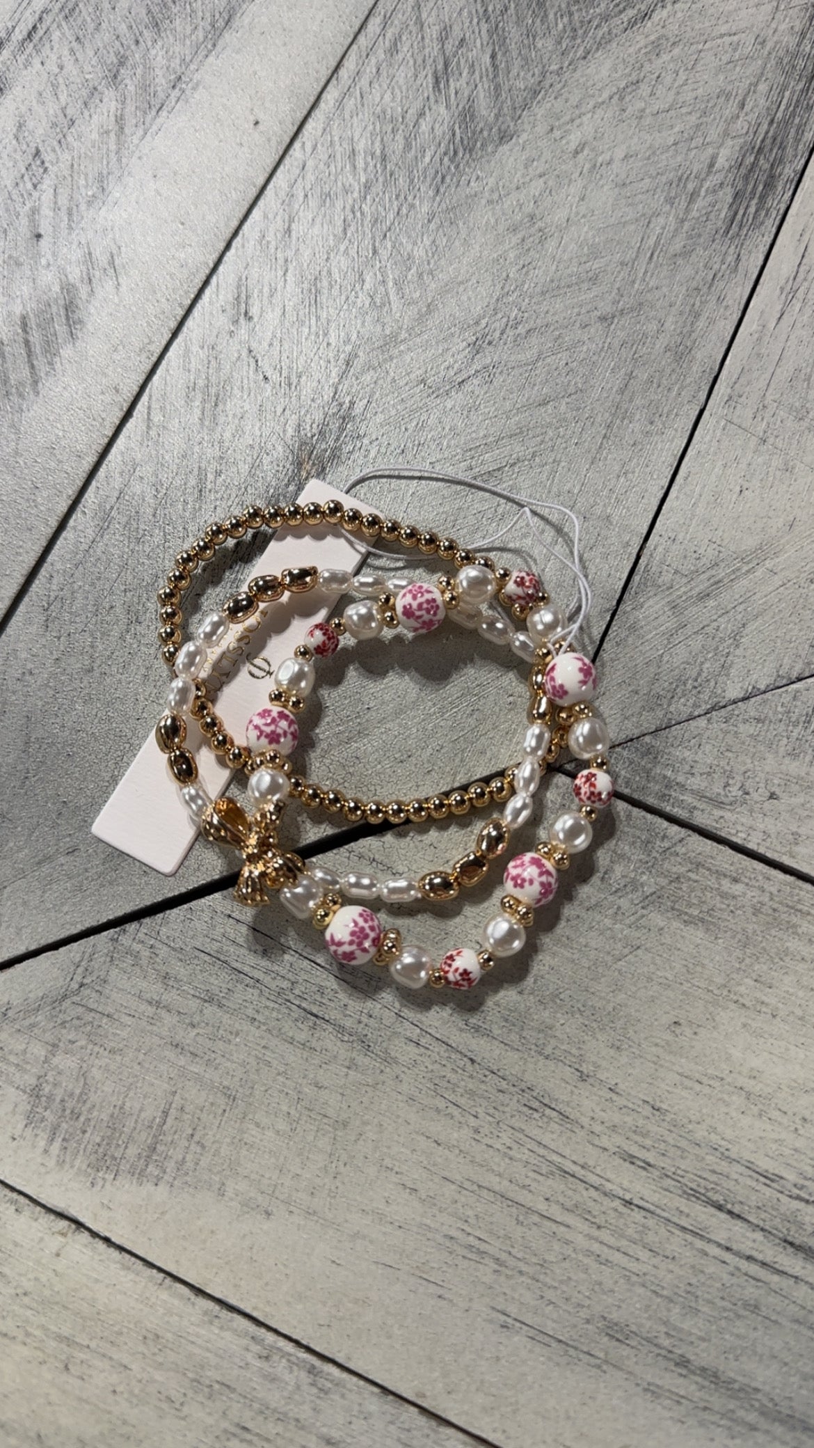 Gold & Pink Ceramic Porcelain Bow Multi-Layer Bracelet