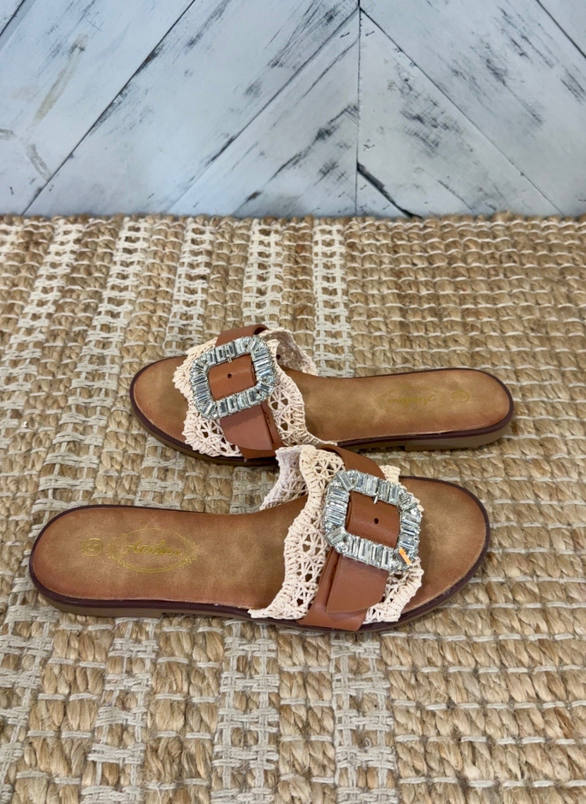 Natural Woven Slide Sandal with Crystal Buckle