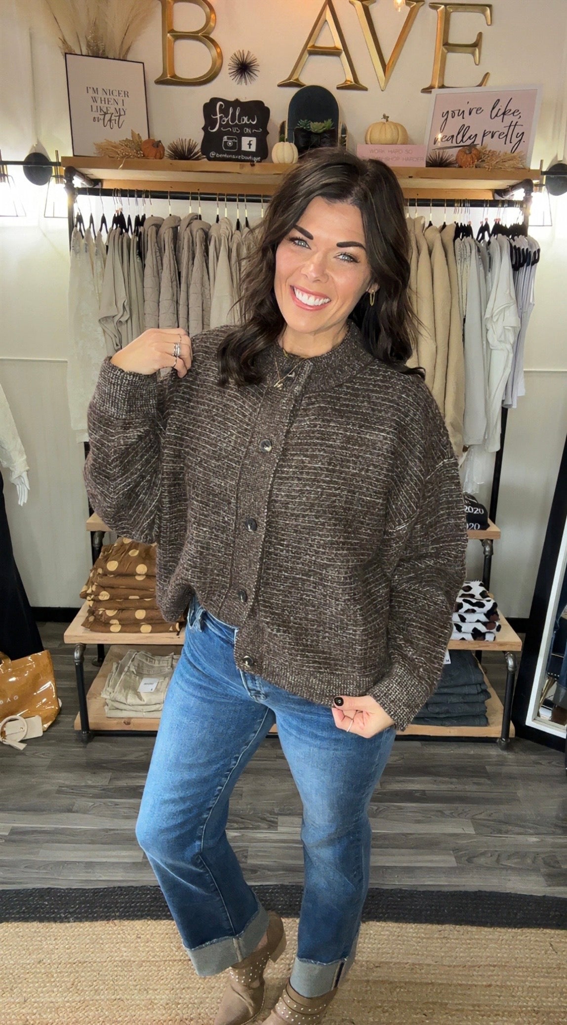 Brown Marled Ribbed Trim Button Cardigan