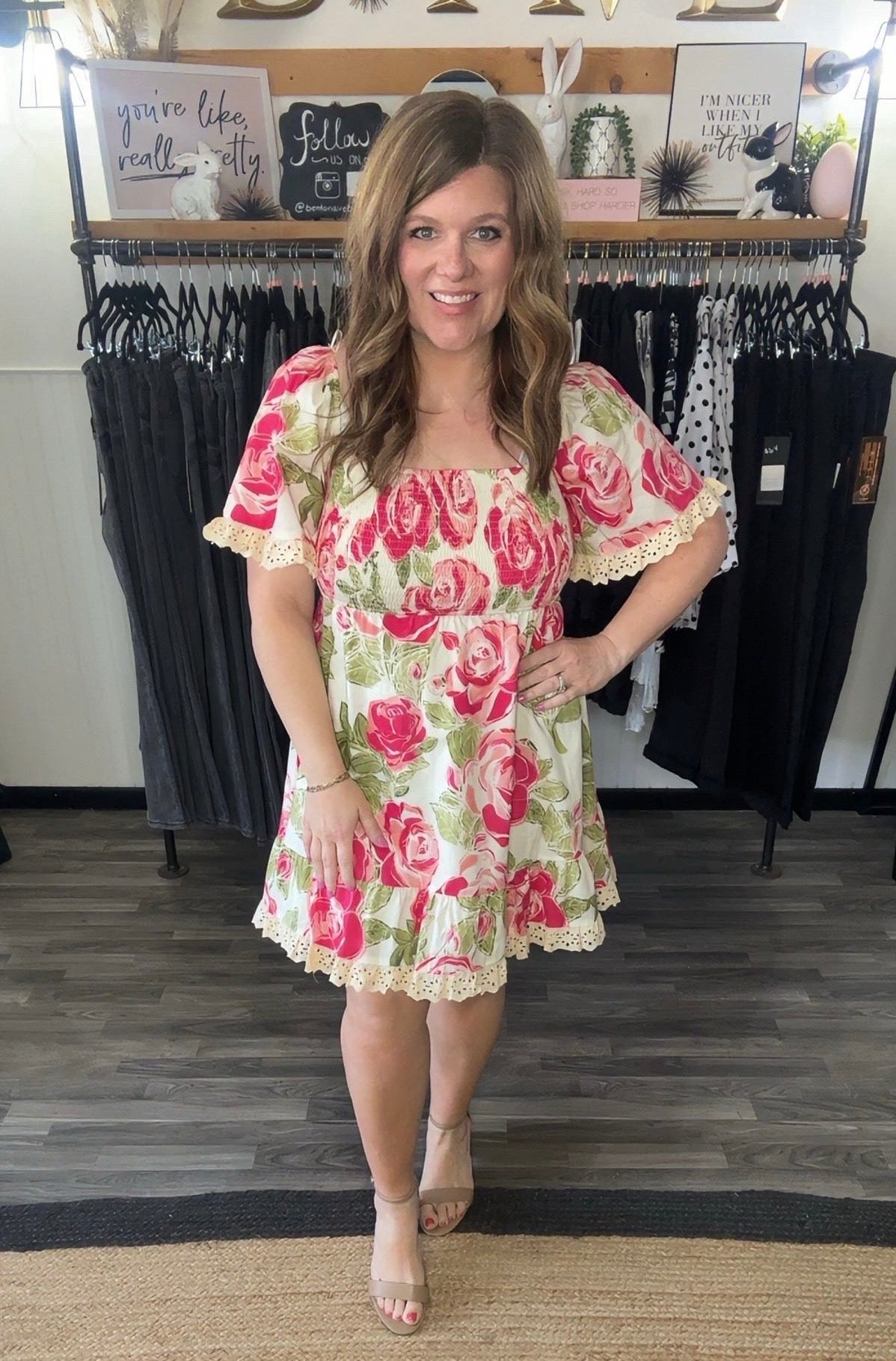 Bright Pink Floral Print Smocked & Eyelet Ruffle Dress