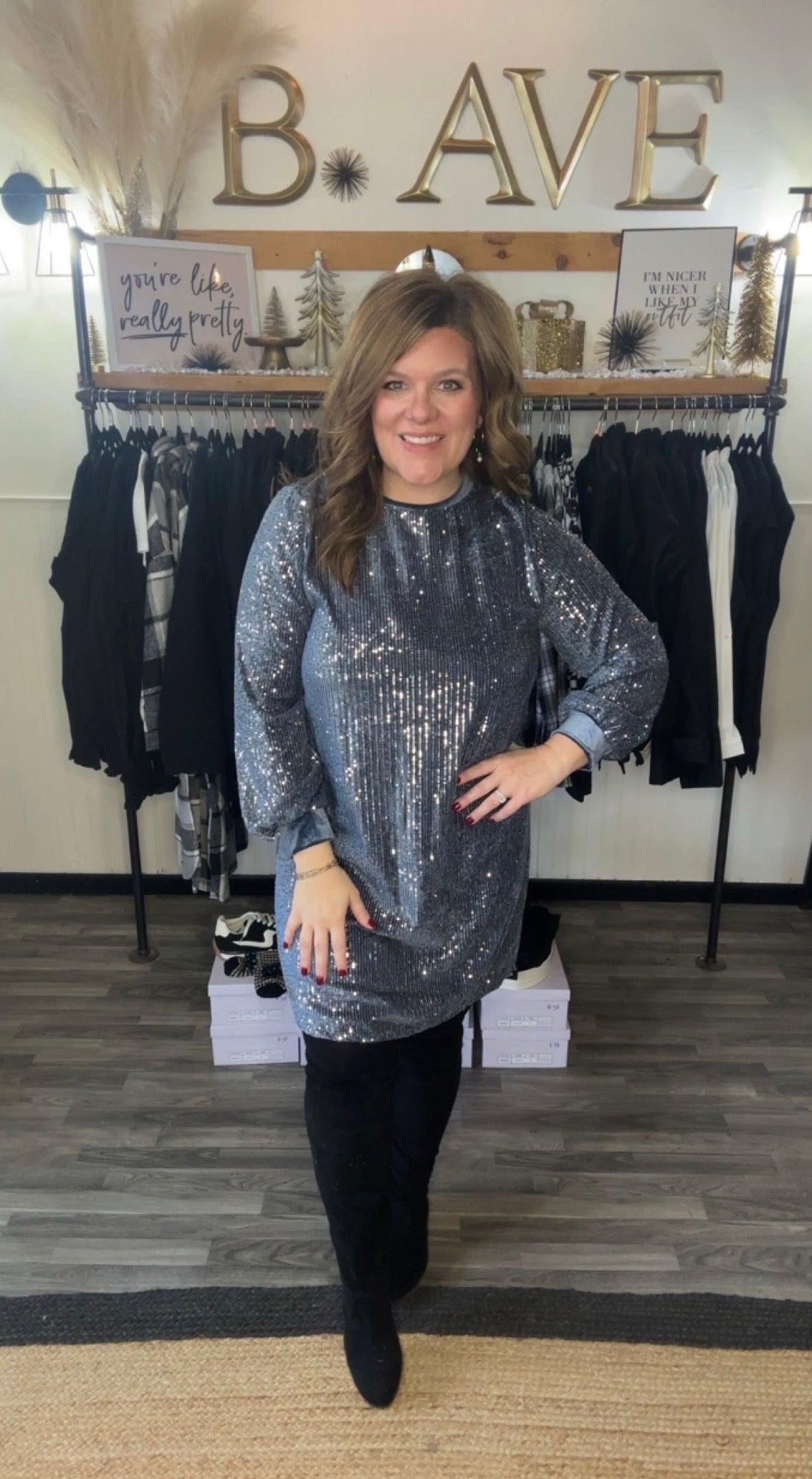 Blue Grey Sequin Velvet Dress