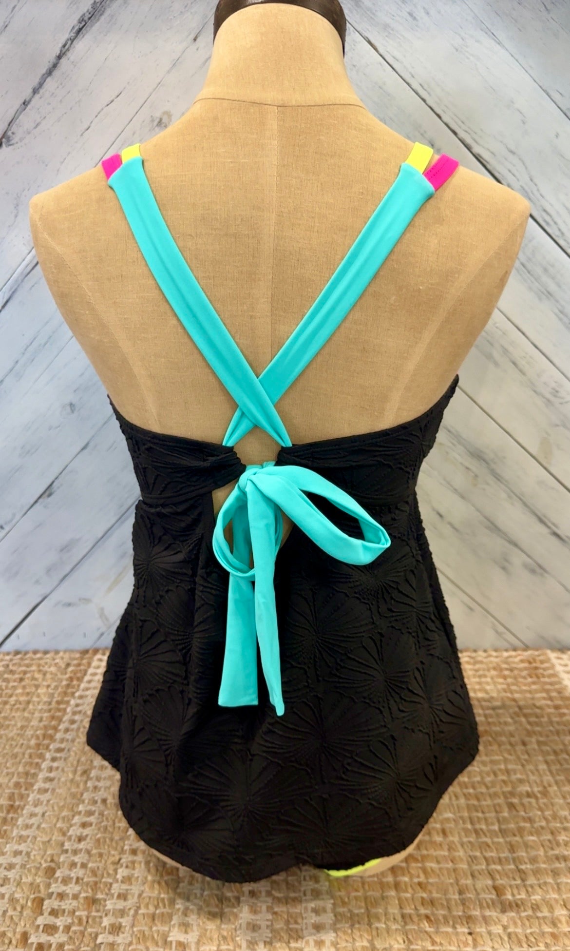 Black & Neon Trim Crisscross Tankini Set