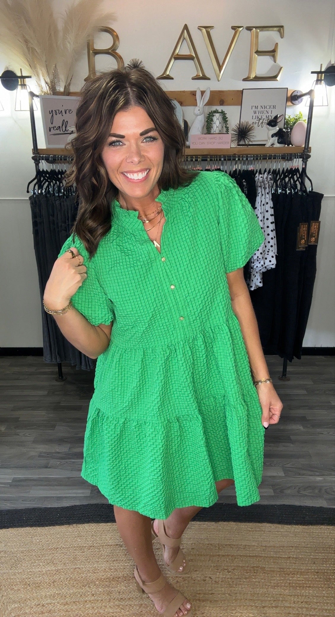 Bright Green Seersucker Puff Sleeve Dress