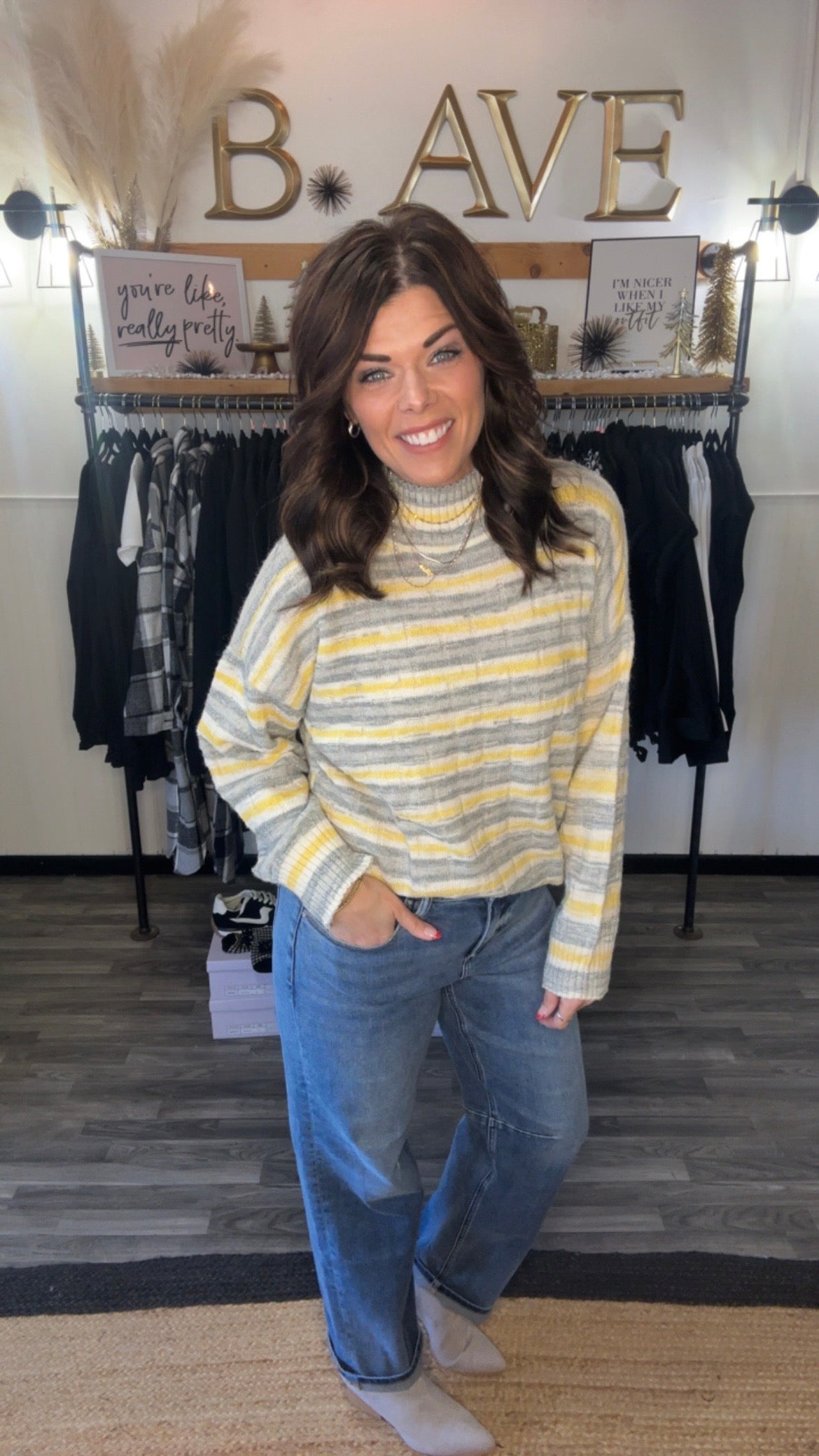 Grey & Yellow Stripe Mock Neck Sweater