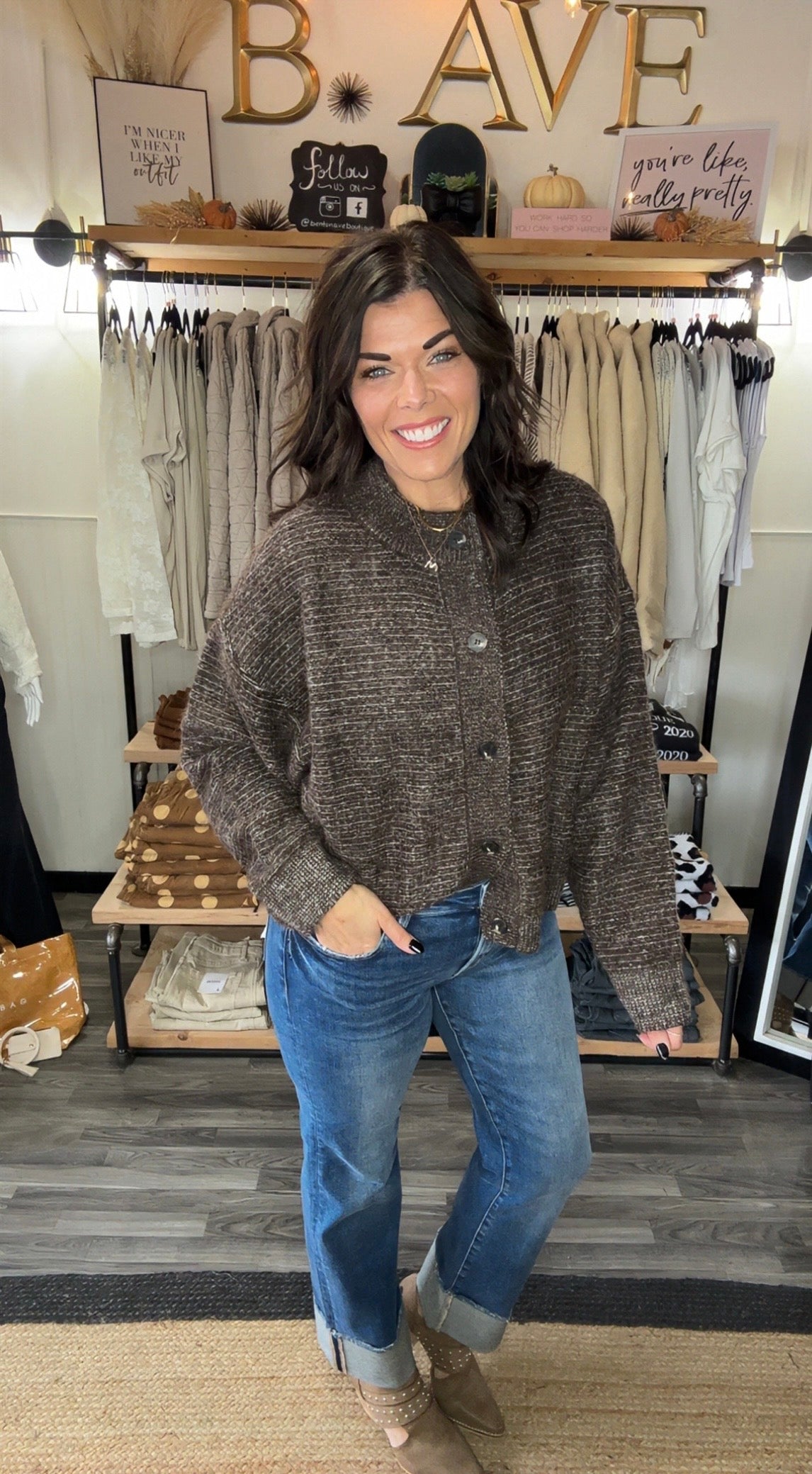 Brown Marled Ribbed Trim Button Cardigan