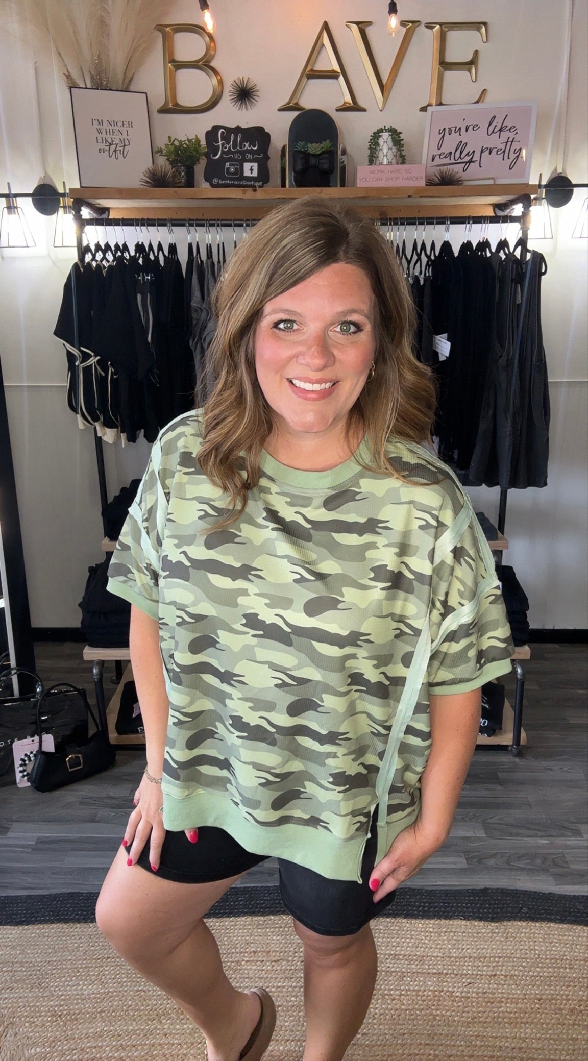 Olive Camo Loose Fit Waffle Top