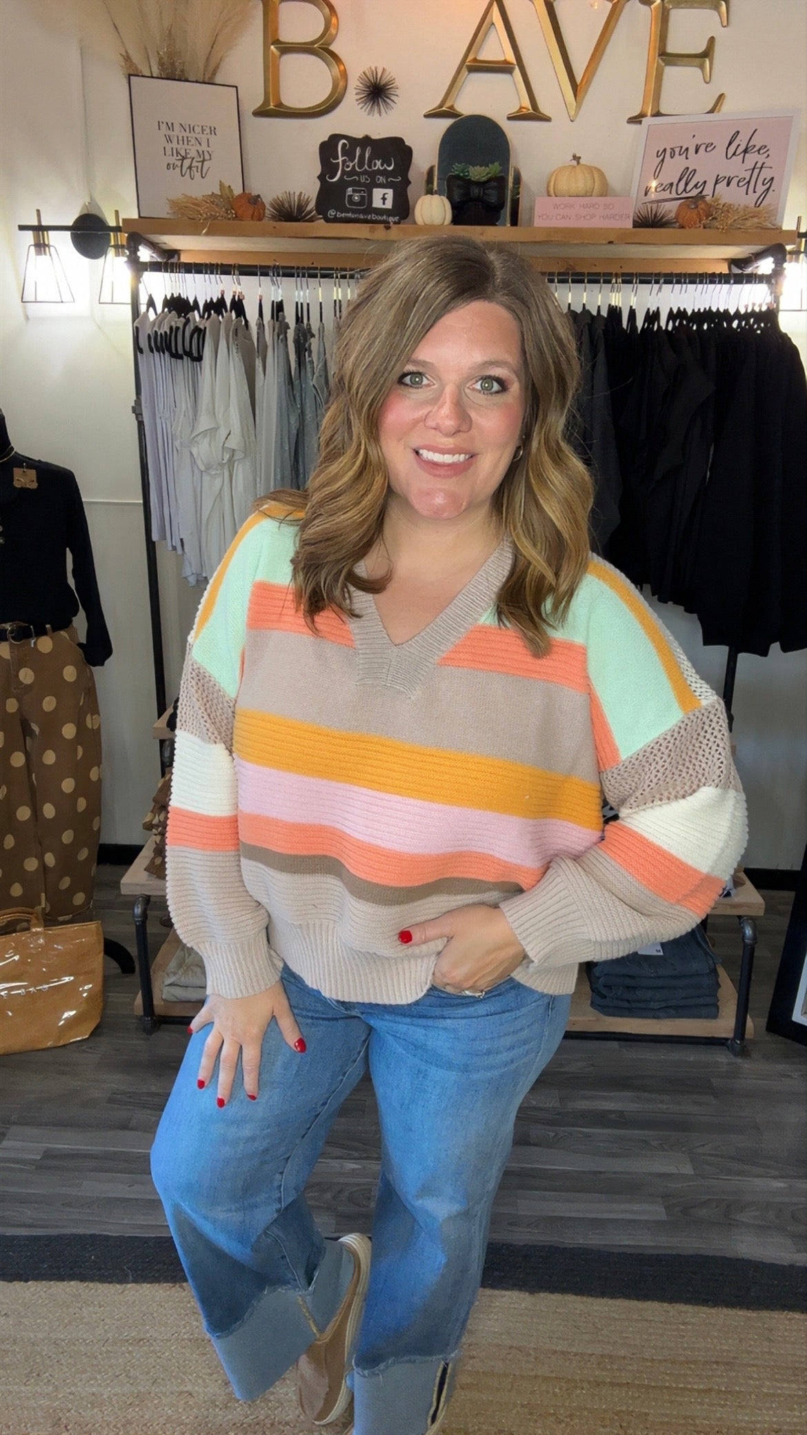 Mocha Stripe Color Combo V-Neck Sweater