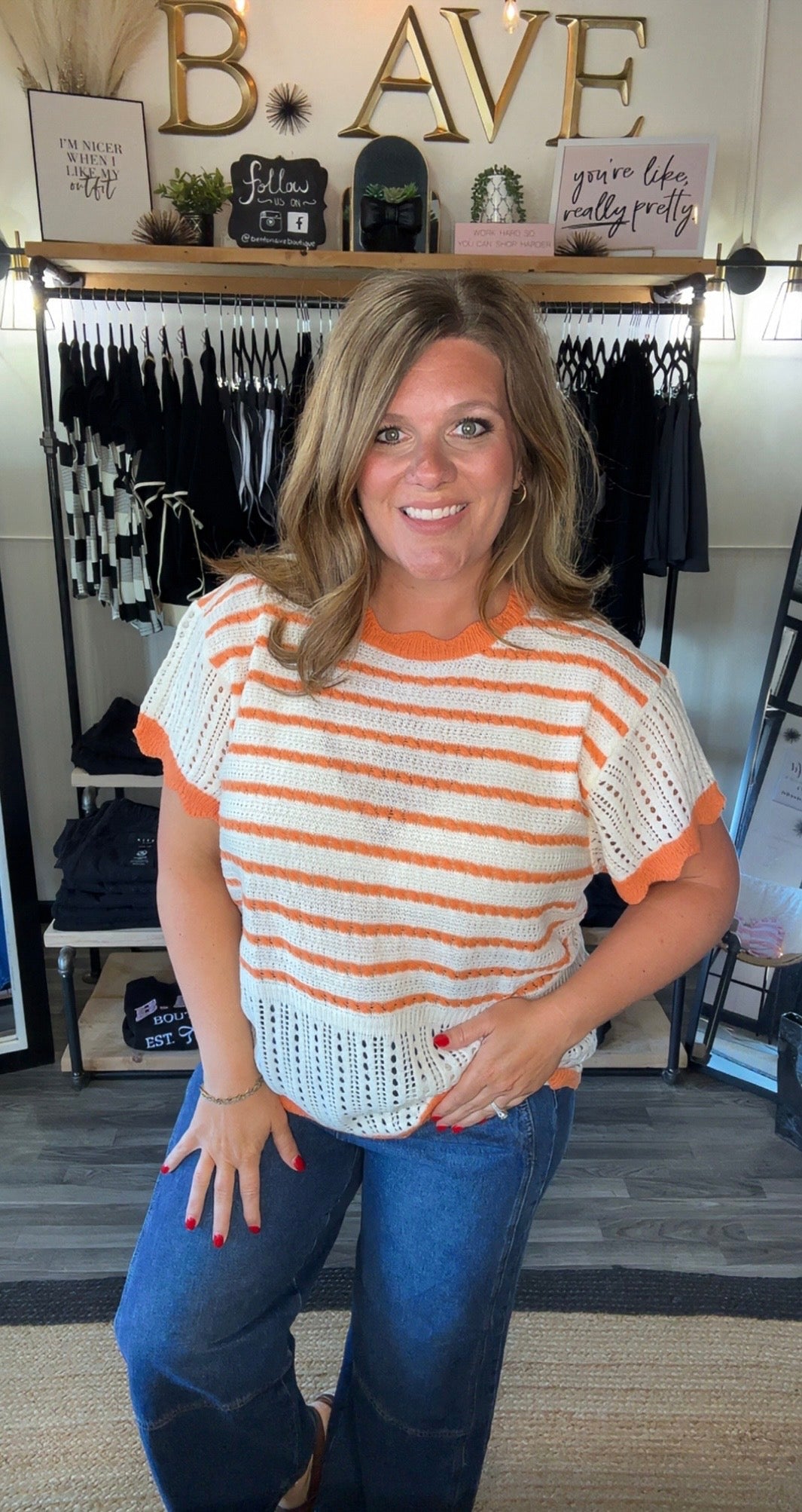 Ivory & Orange Textured Knit Scalloped Top