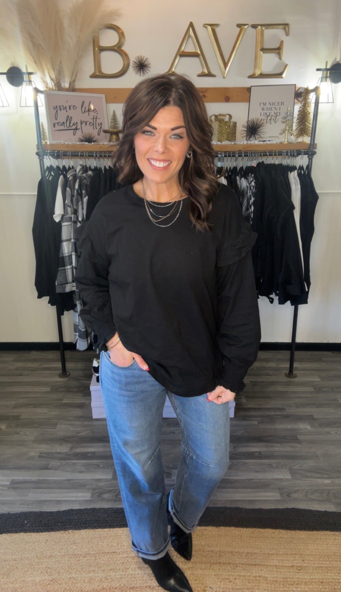 Black Ruffle Shoulder Long Sleeve Top