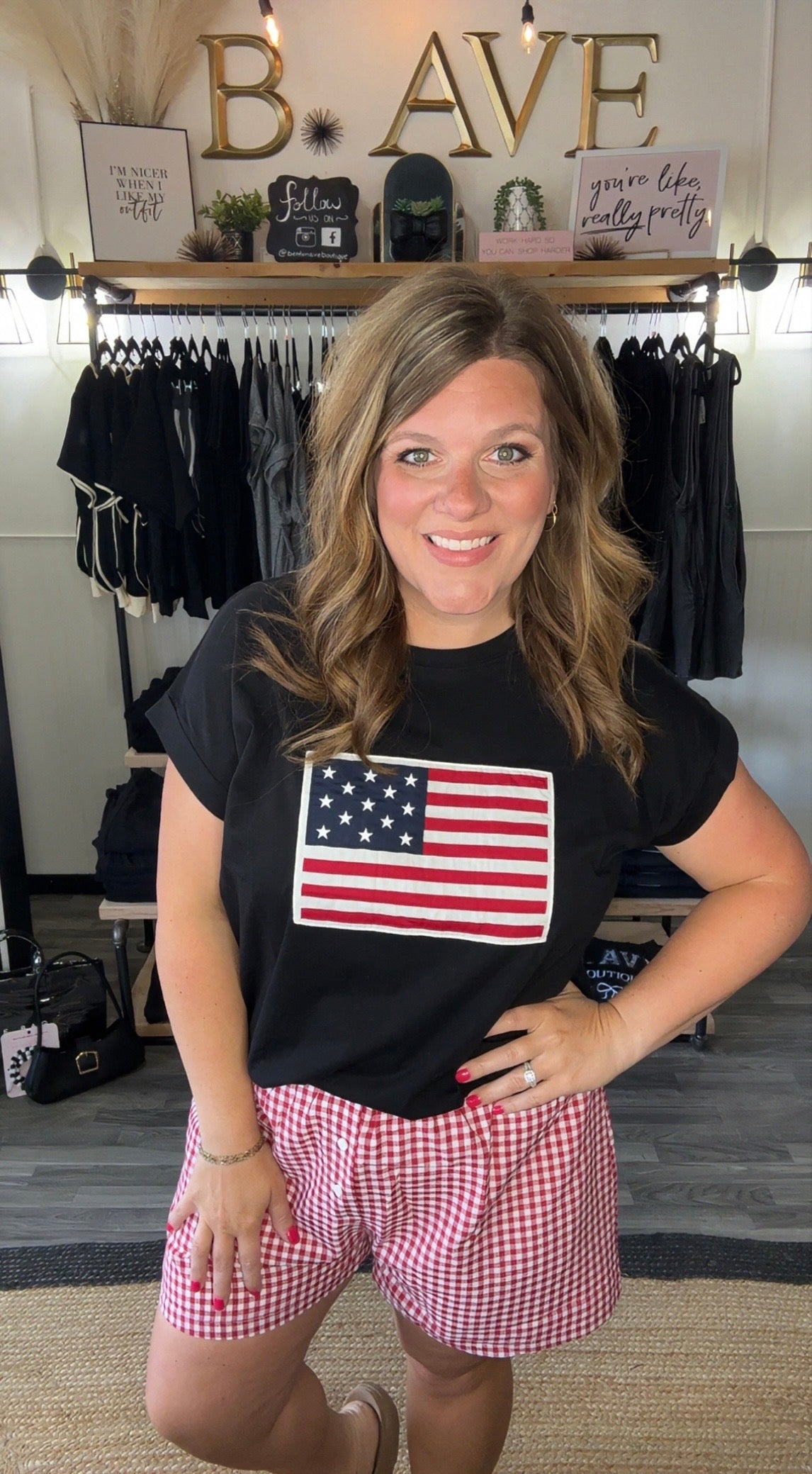 Black Cap Sleeve American Flag Tee