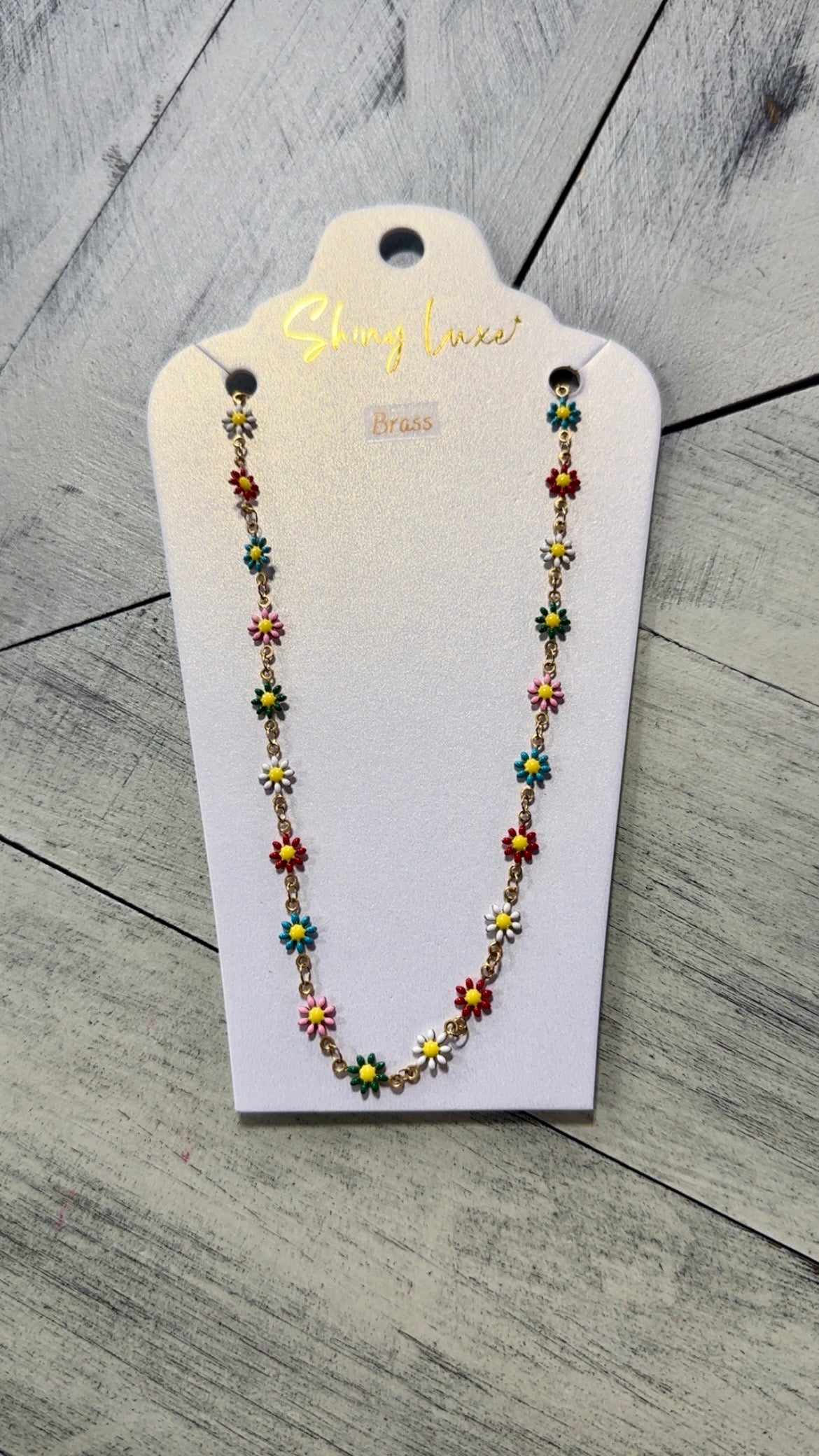 Shiny Luxe Brass Colorful Daisy Necklace