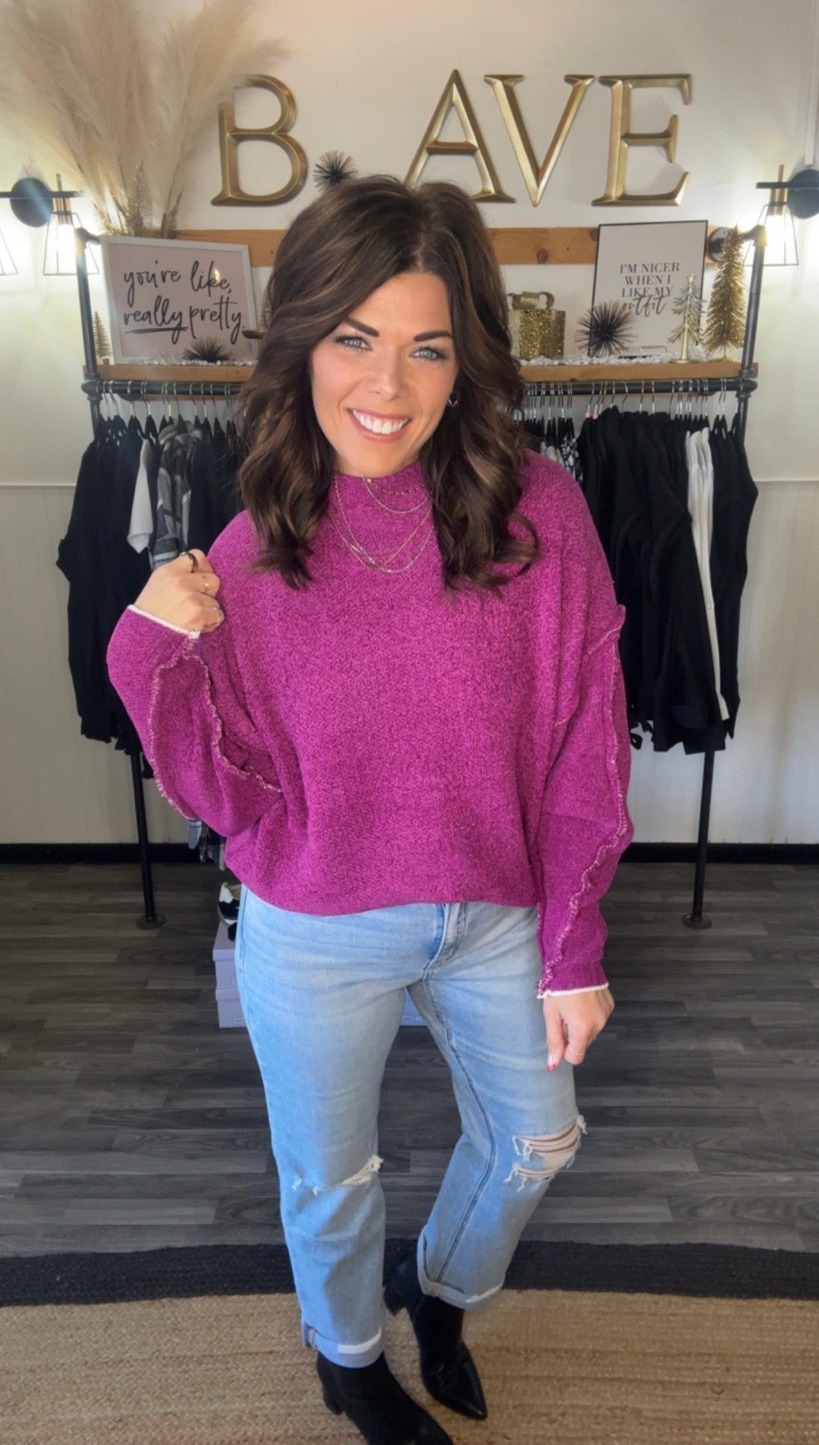 Plum Raw Seam Mock Neck Sweater